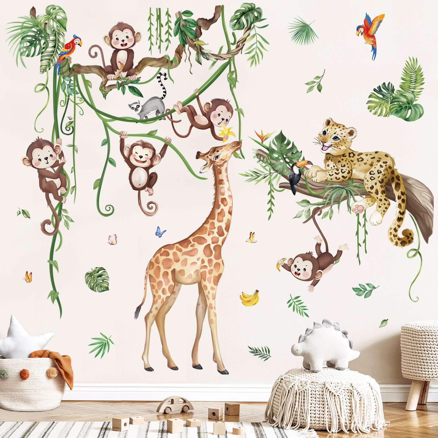 wondever Jungle Animals Tree Branch Wall Stickers Safari Leopard Giraffe Monkey Peel and Stick Wall Art Decals