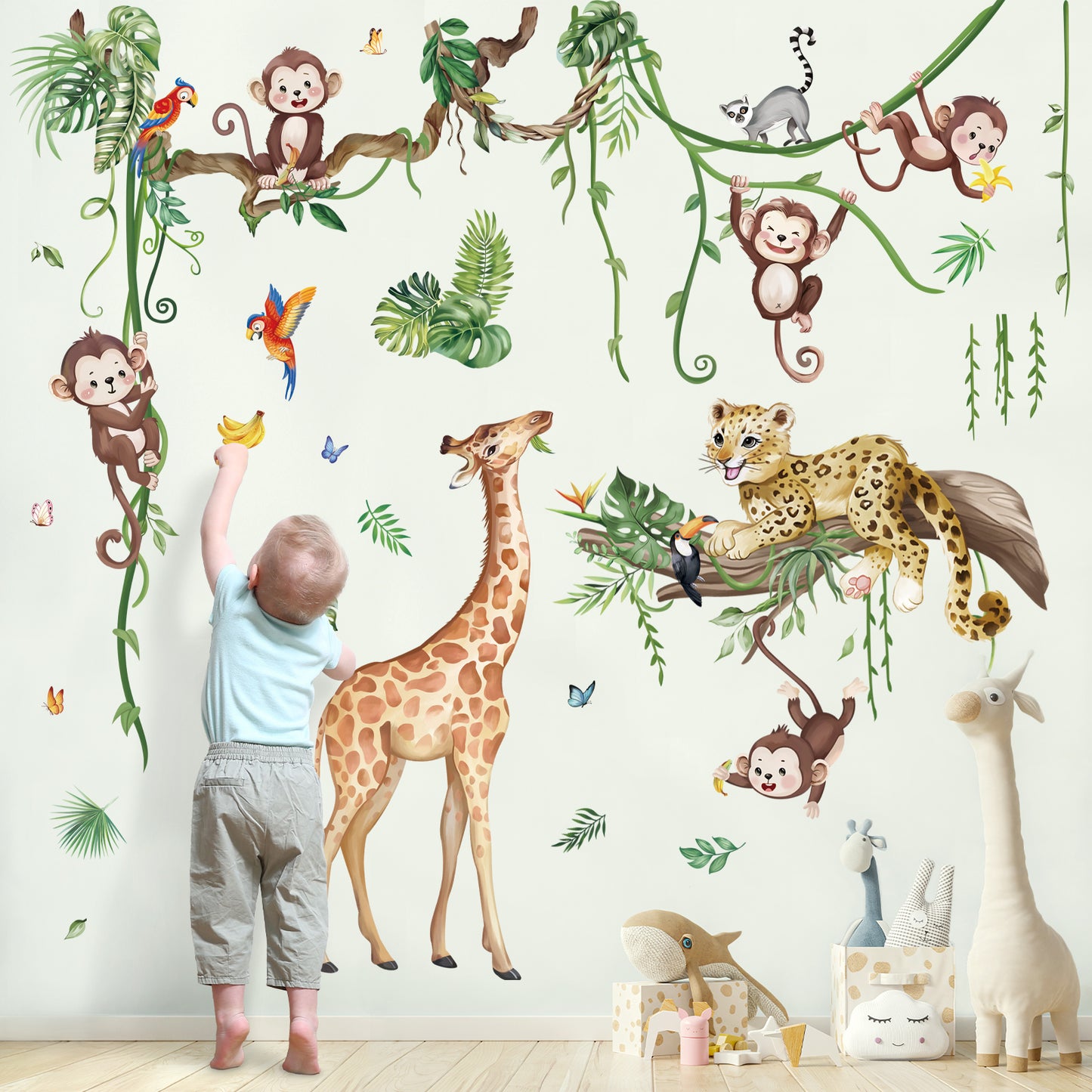 wondever Jungle Animals Tree Branch Wall Stickers Safari Leopard Giraffe Monkey Peel and Stick Wall Art Decals