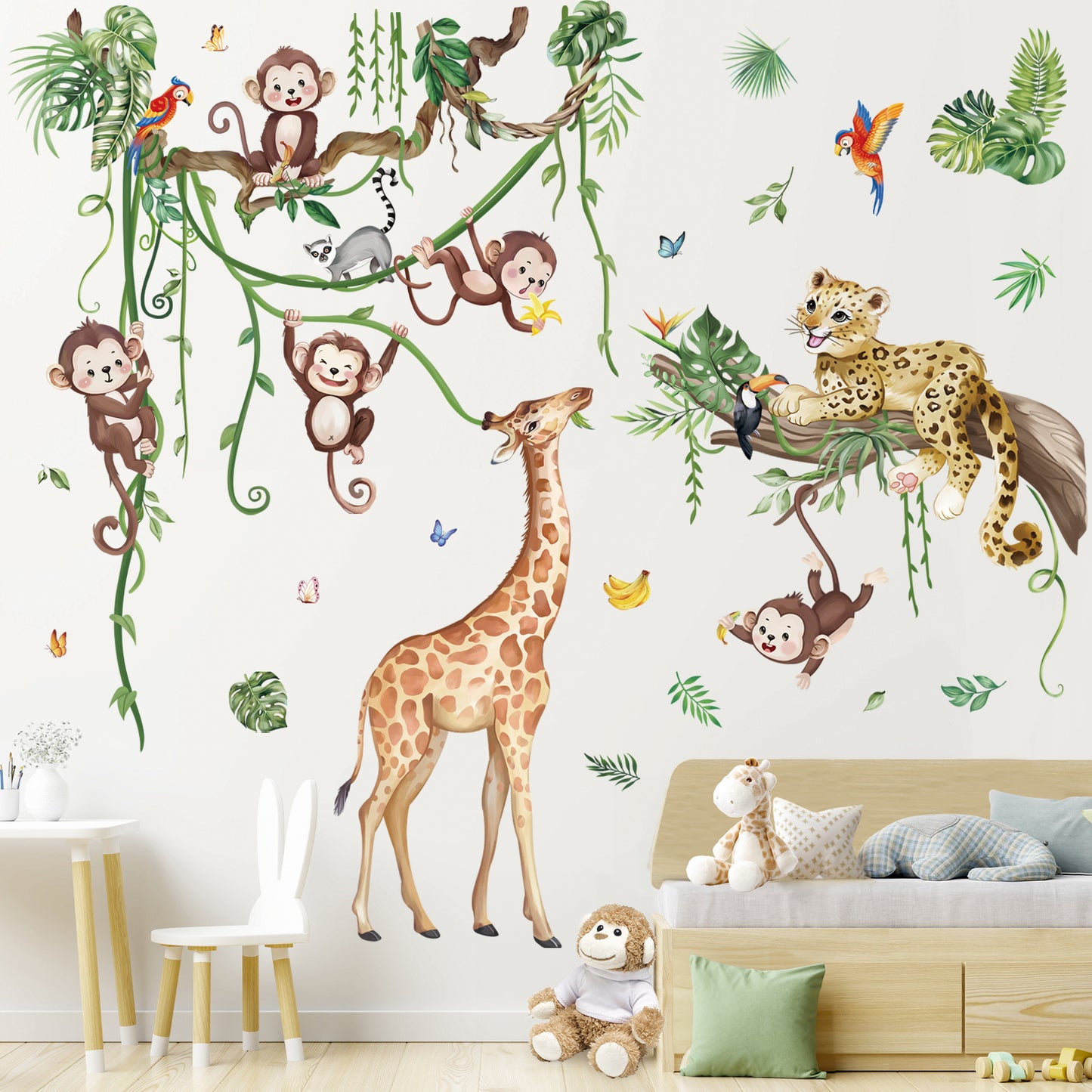 wondever Jungle Animals Tree Branch Wall Stickers Safari Leopard Giraffe Monkey Peel and Stick Wall Art Decals