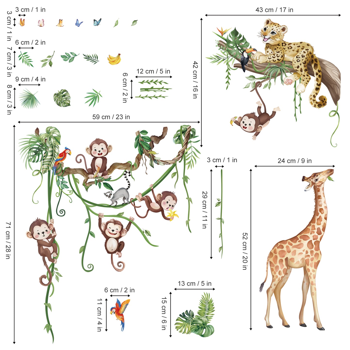 wondever Jungle Animals Tree Branch Wall Stickers Safari Leopard Giraffe Monkey Peel and Stick Wall Art Decals