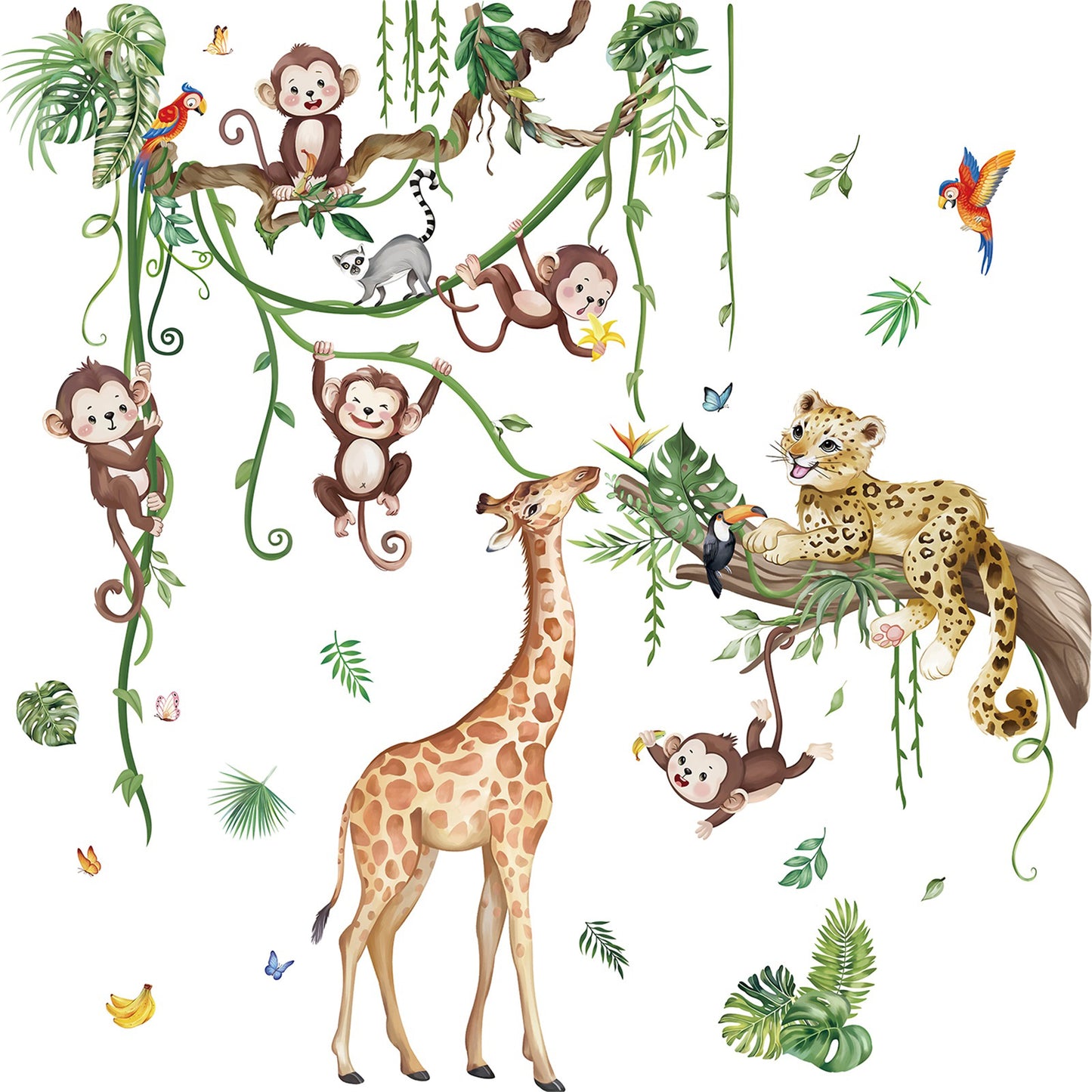 wondever Jungle Animals Tree Branch Wall Stickers Safari Leopard Giraffe Monkey Peel and Stick Wall Art Decals