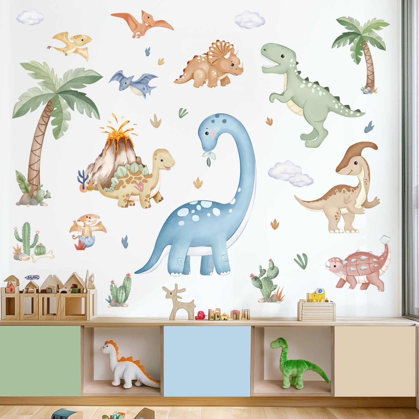 wondever Large Boho Dinosaur Wall Stickers Watercolor Dino Tropical Plants Volcano Peel and Stick Wall Art Decals for Baby Nursery Kids Bedroom Playroom