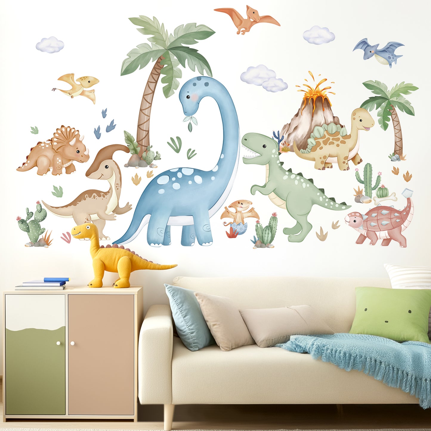 wondever Large Boho Dinosaur Wall Stickers Watercolor Dino Tropical Plants Volcano Peel and Stick Wall Art Decals for Baby Nursery Kids Bedroom Playroom