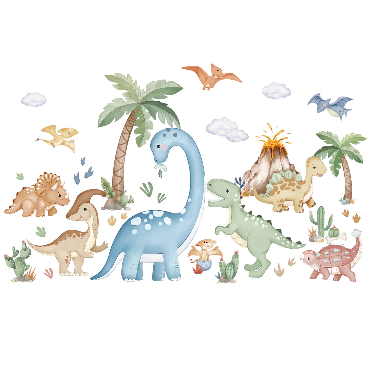 wondever Large Boho Dinosaur Wall Stickers Watercolor Dino Tropical Plants Volcano Peel and Stick Wall Art Decals for Baby Nursery Kids Bedroom Playroom