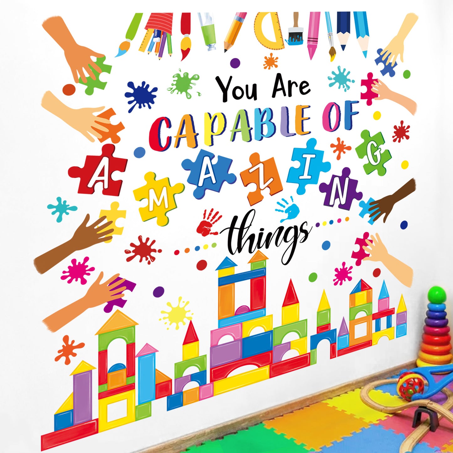 wondever Reading Corner Builders Blocks Wall Stickers Inspirational Quotes Handprint Paint Splatter Peel and Stick Wall Art Decals