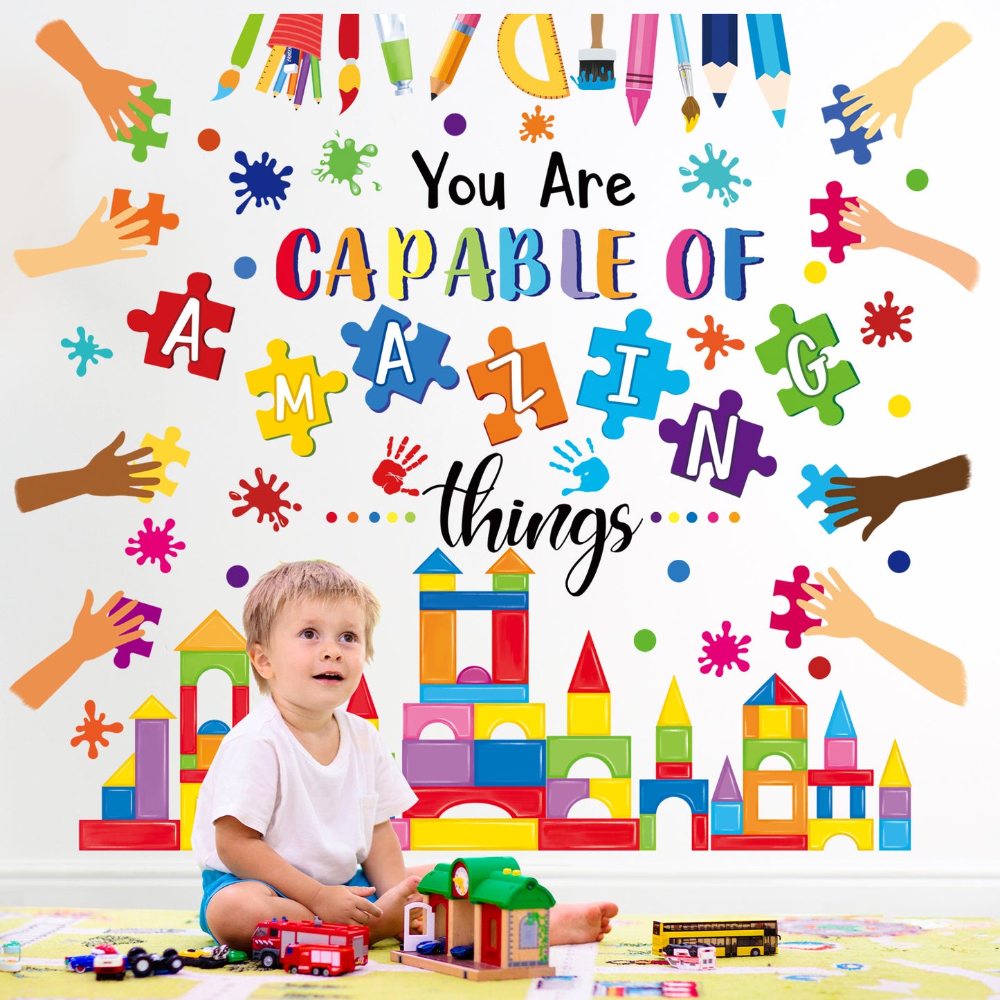 wondever Reading Corner Builders Blocks Wall Stickers Inspirational Quotes Handprint Paint Splatter Peel and Stick Wall Art Decals