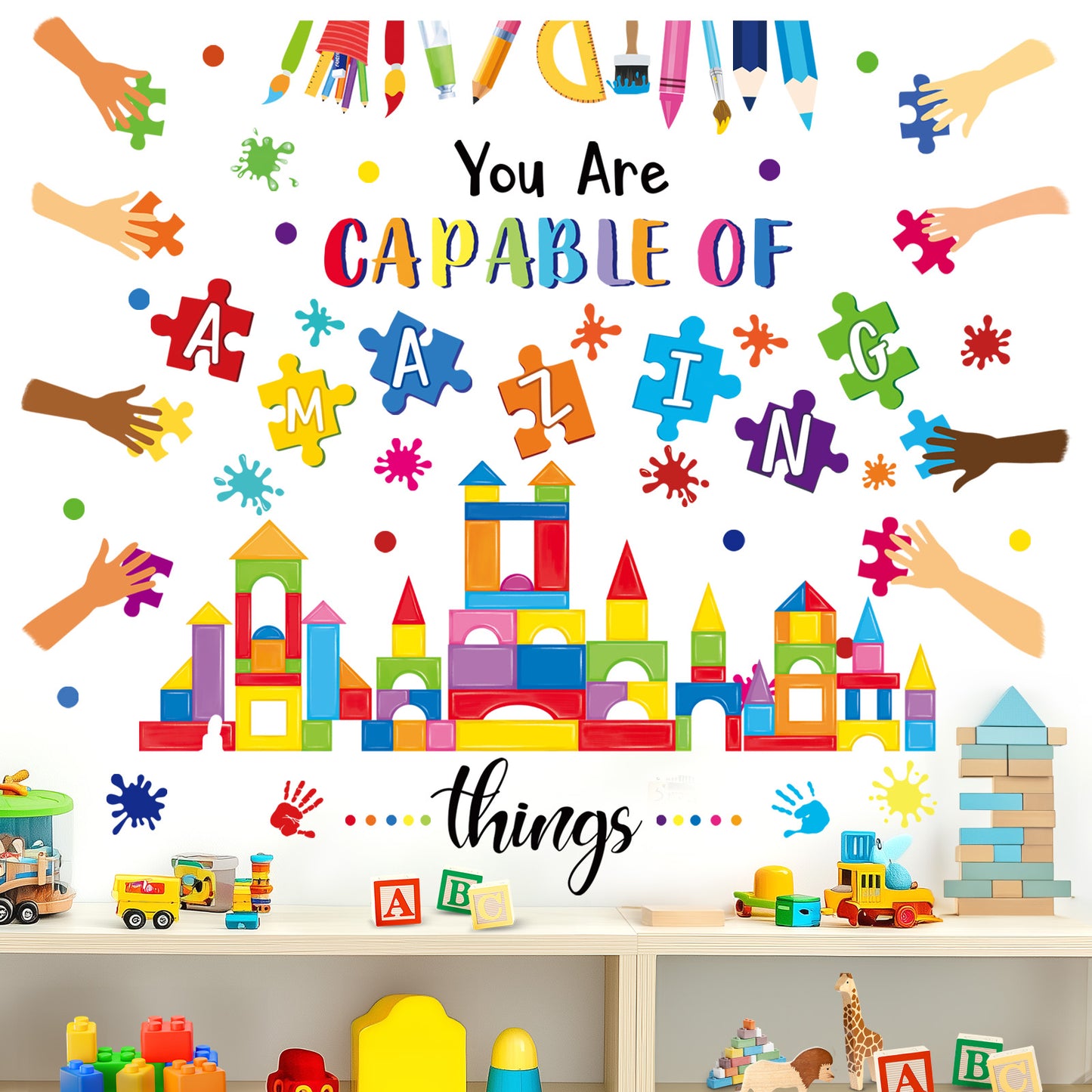 wondever Reading Corner Builders Blocks Wall Stickers Inspirational Quotes Handprint Paint Splatter Peel and Stick Wall Art Decals
