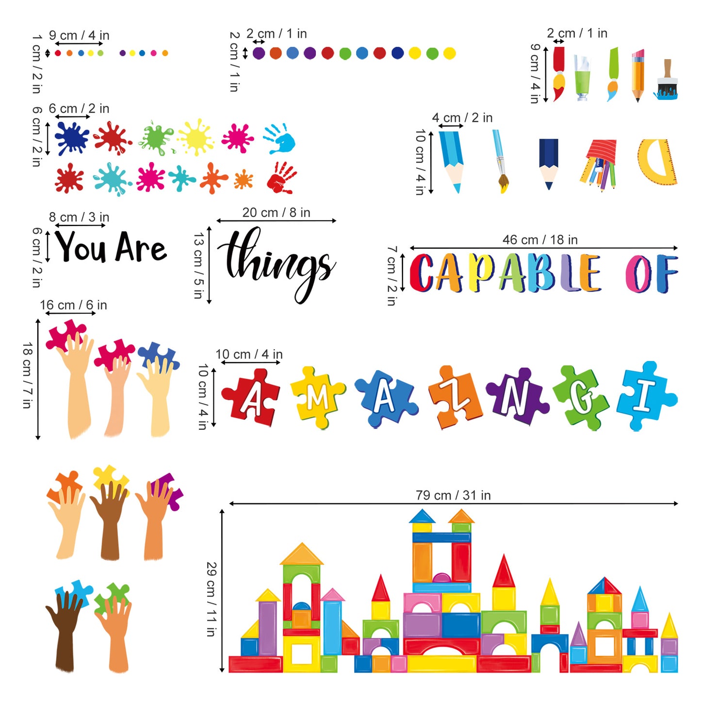 wondever Reading Corner Builders Blocks Wall Stickers Inspirational Quotes Handprint Paint Splatter Peel and Stick Wall Art Decals