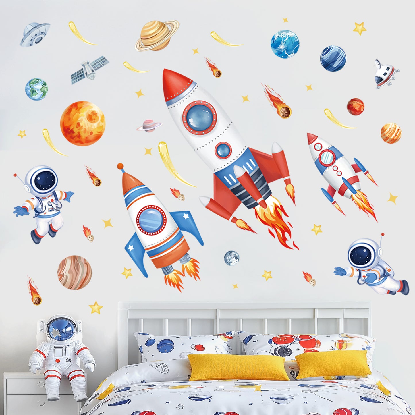 wondever Outer Space Rockets Wall Stickers Planets Star Spacecraft Astronaut Peel and Stick Wall Art Decals for Baby Nursery Boys Bedroom Playroom