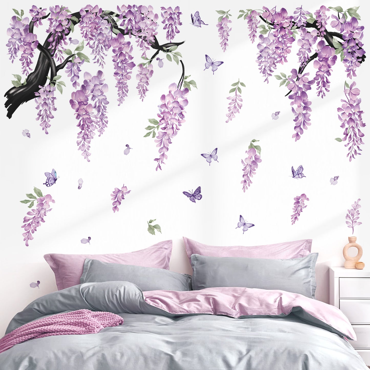 wondever Large Flower Tree Branch Wall Stickers Purple Hanging Vine Floral Butterflies Peel and Stick Wall Art Decals for Living Room Bedroom TV Wall