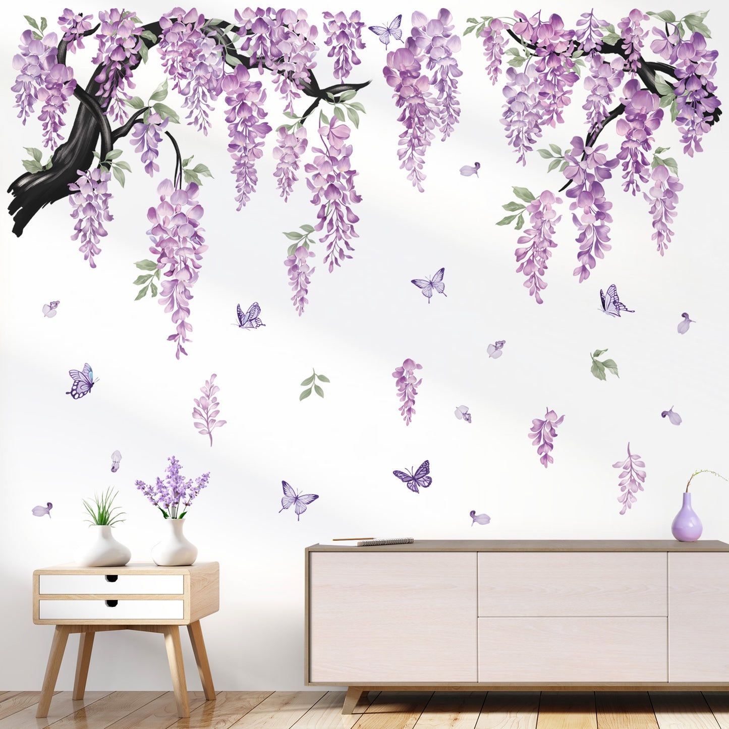 wondever Large Flower Tree Branch Wall Stickers Purple Hanging Vine Floral Butterflies Peel and Stick Wall Art Decals for Living Room Bedroom TV Wall