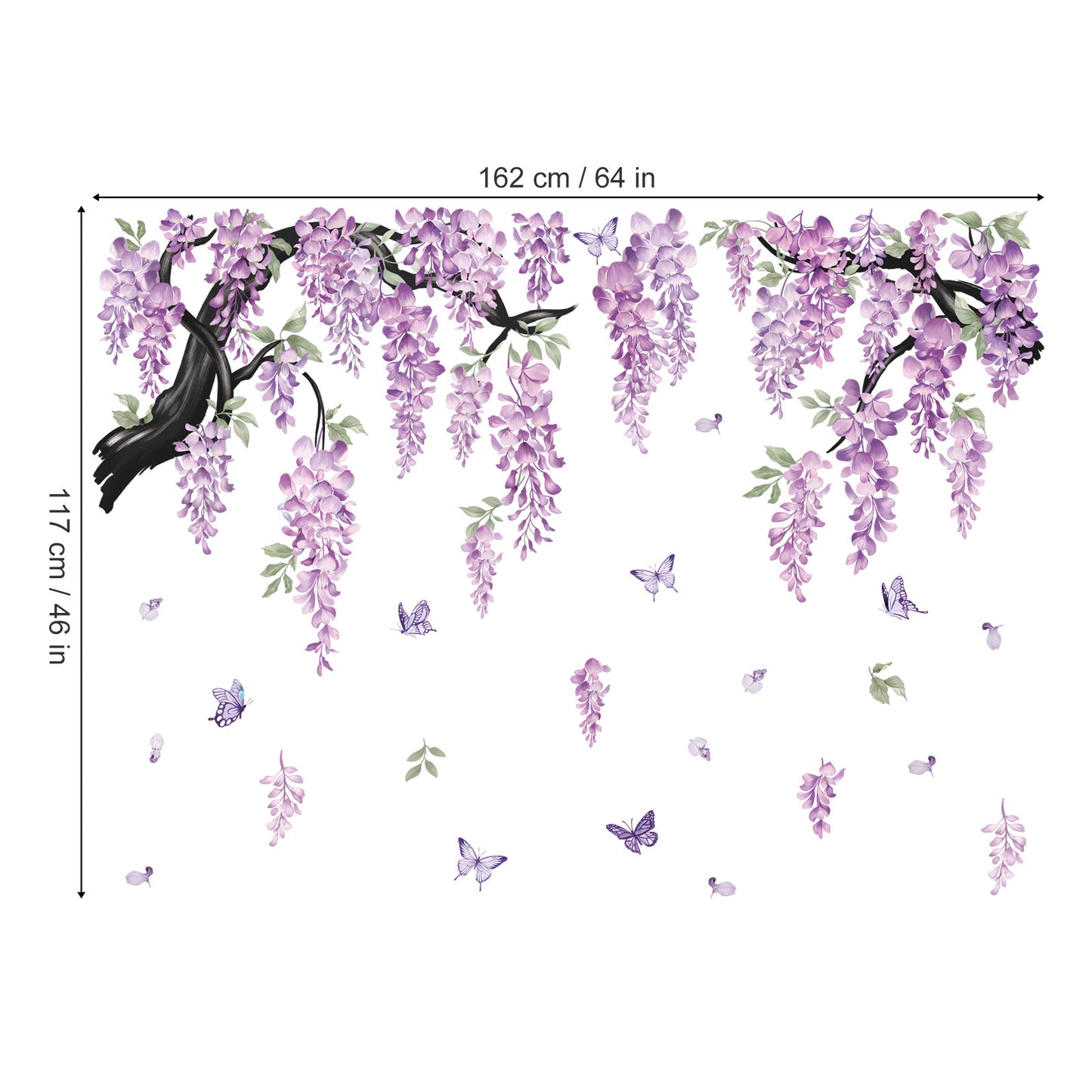 wondever Large Flower Tree Branch Wall Stickers Purple Hanging Vine Floral Butterflies Peel and Stick Wall Art Decals for Living Room Bedroom TV Wall