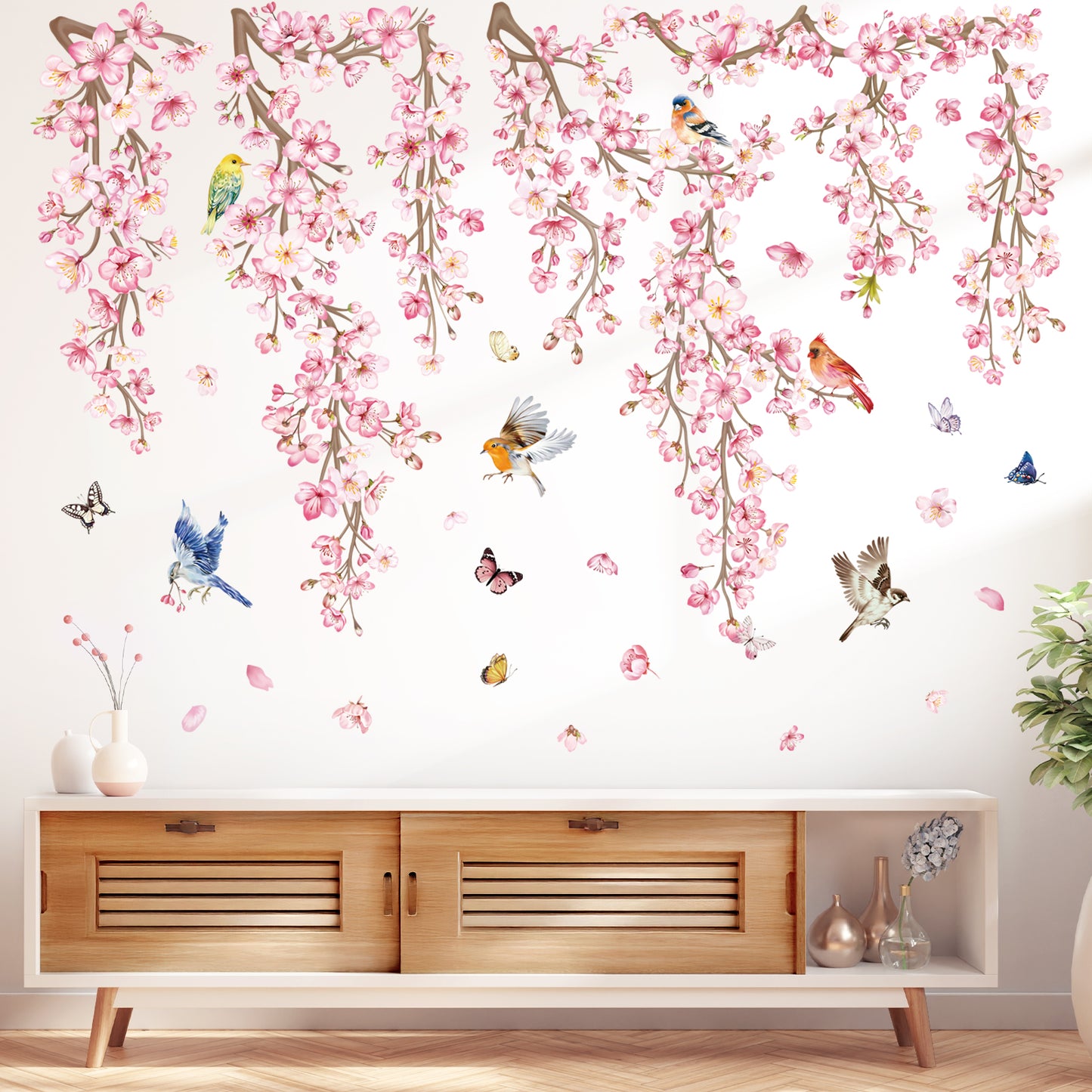 wondever Cherry Blossom Flower Vine Wall Stickers Pink Hanging Floral Tree Branch Birds Peel and Stick Wall Art Decals for Bedroom Living Room Sofa