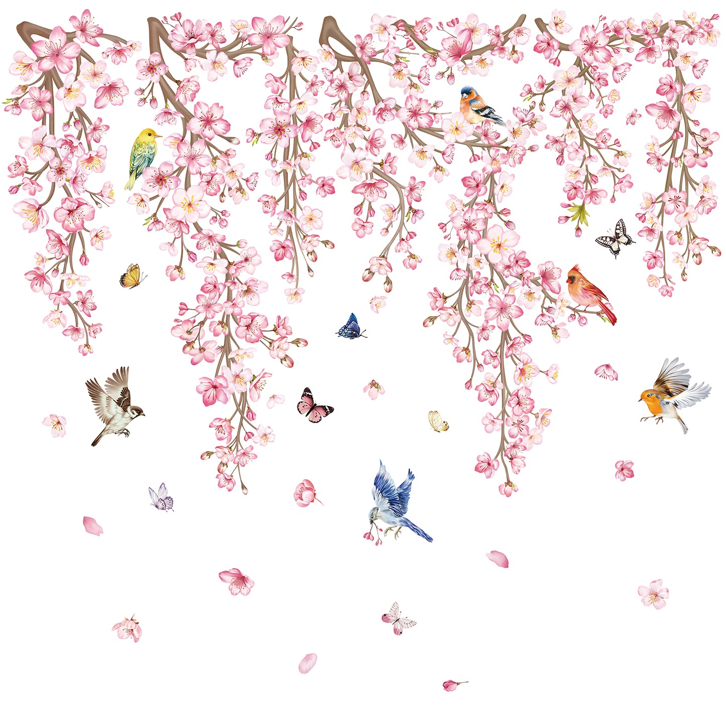 wondever Cherry Blossom Flower Vine Wall Stickers Pink Hanging Floral Tree Branch Birds Peel and Stick Wall Art Decals for Bedroom Living Room Sofa