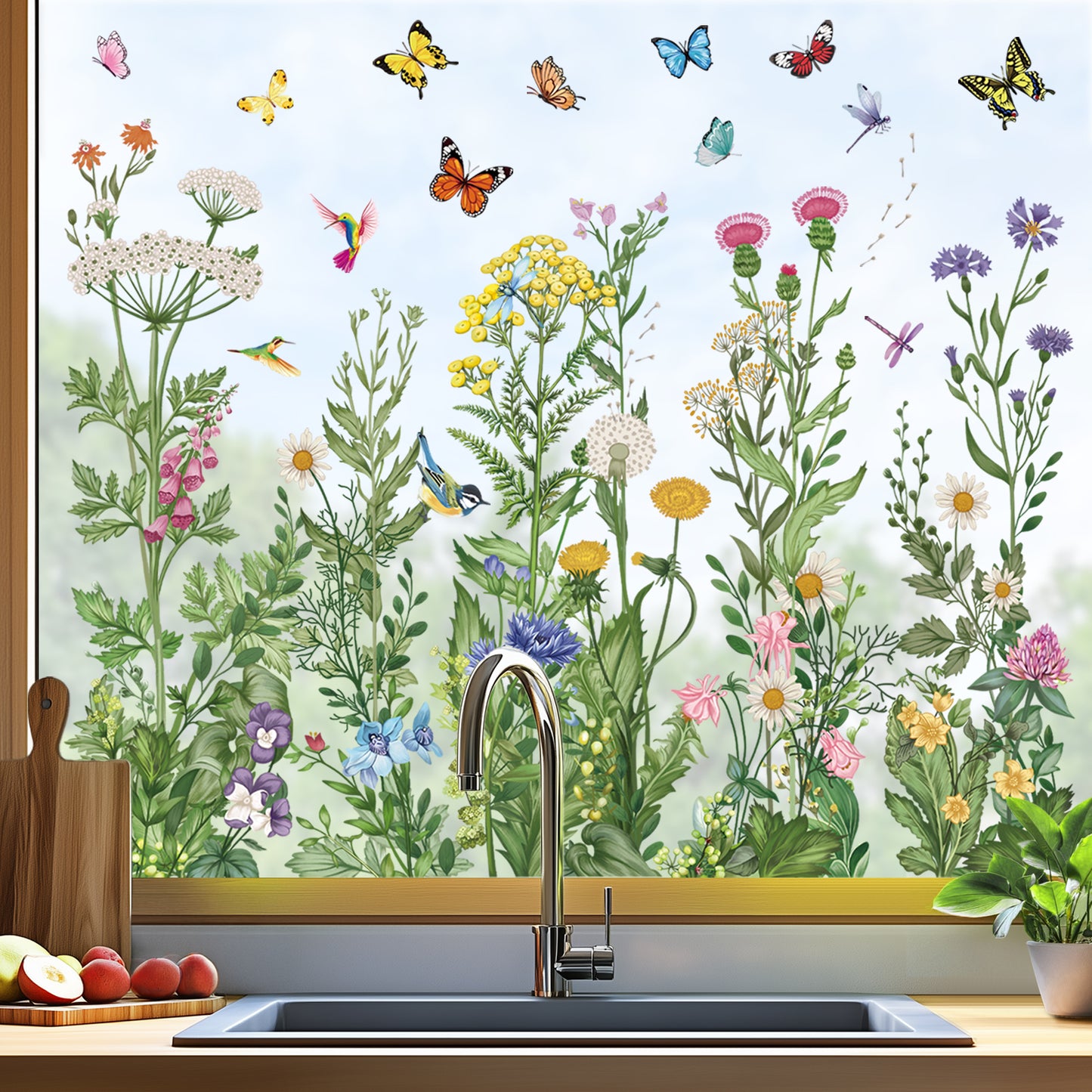 wondever Spring Summer Wild Flowers Window Clings Vintage Wildfloral Butterflies Glass Sticker Decal Anti Collision Double-Side Static Window Stickers for Home Glass Window