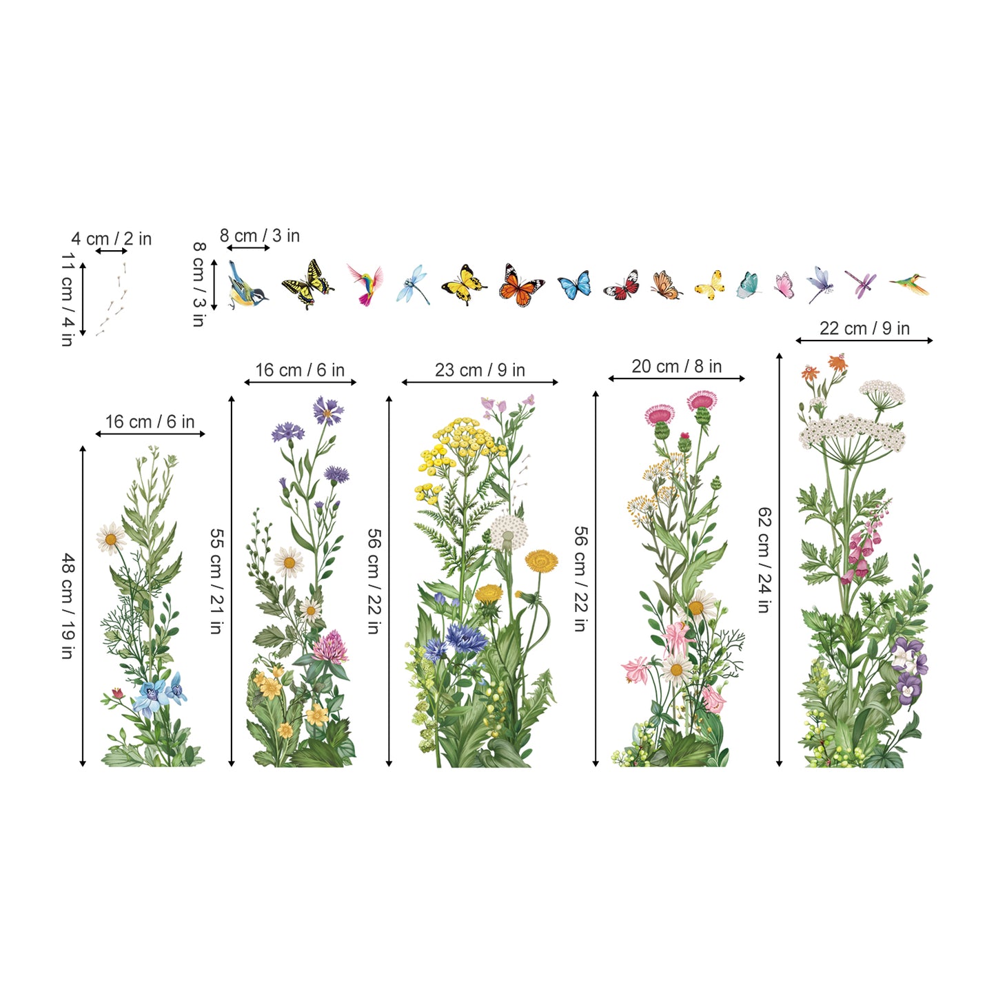 wondever Spring Summer Wild Flowers Window Clings Vintage Wildfloral Butterflies Glass Sticker Decal Anti Collision Double-Side Static Window Stickers for Home Glass Window