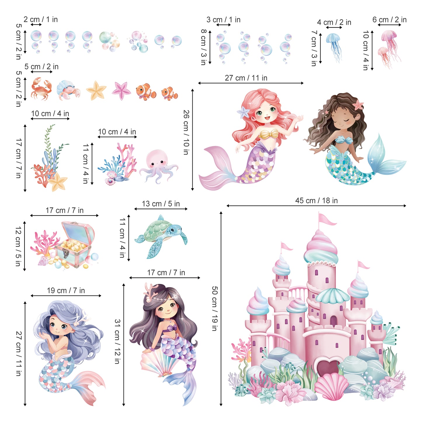 wondever Under The Sea Mermaid Castle Wall Stickers Ocean Creature Seaweed Bubble Peel and Stick Wall Art Decals for Girls Bedroom Baby Nursery Kids Bedroom
