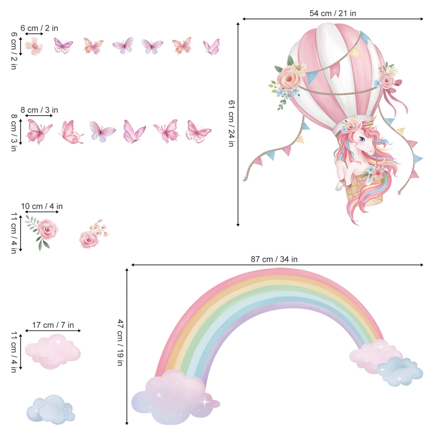 wondever Large Rainbow Unicorn Wall Stickers Unicorn Hot Air Balloon Clouds Butterfly Peel and Stick Wall Art Decals for Baby Nursery Kids Girls Bedroom
