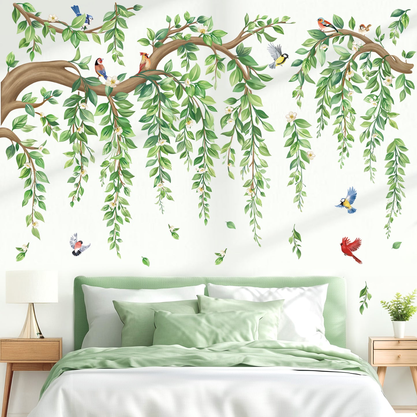 wondever Large Tree Branch Hanging Vine Wall Stickers Green Leaf Flower Birds Peel and Stick Wall Art Decals for Living Room Bedroom TV Wall