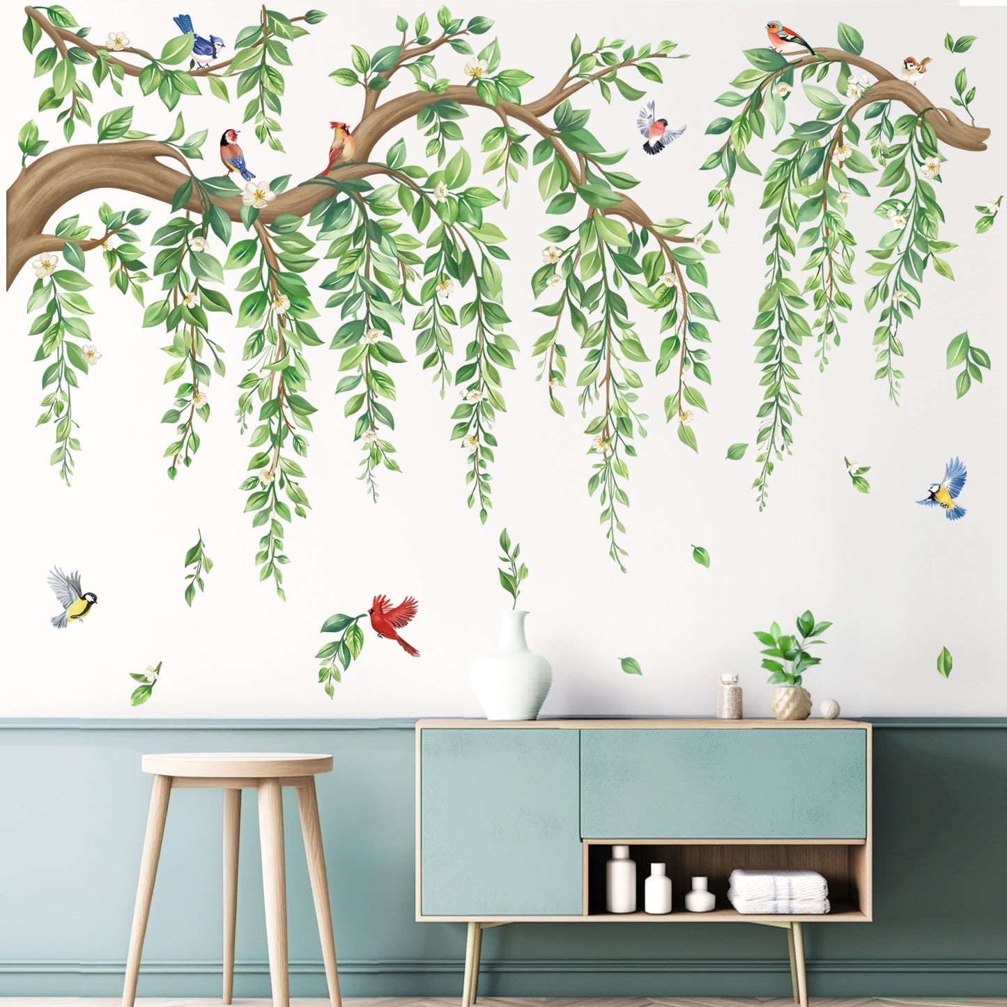 wondever Large Tree Branch Hanging Vine Wall Stickers Green Leaf Flower Birds Peel and Stick Wall Art Decals for Living Room Bedroom TV Wall