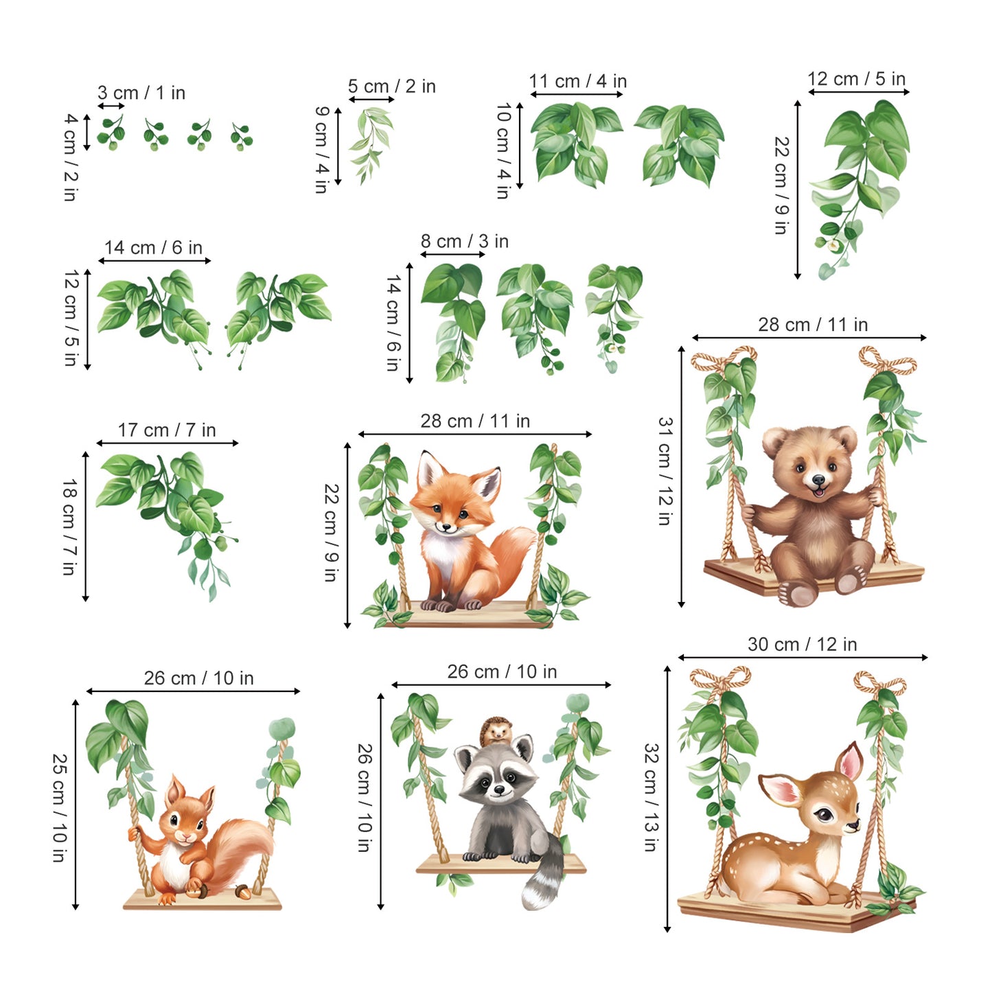 wondever Woodland Animal on Swings Wall Stickers Baby Bear Deer Fox Leaves Peel and Stick Wall Art Decals for Children Nursery Kids Bedroom Living Room