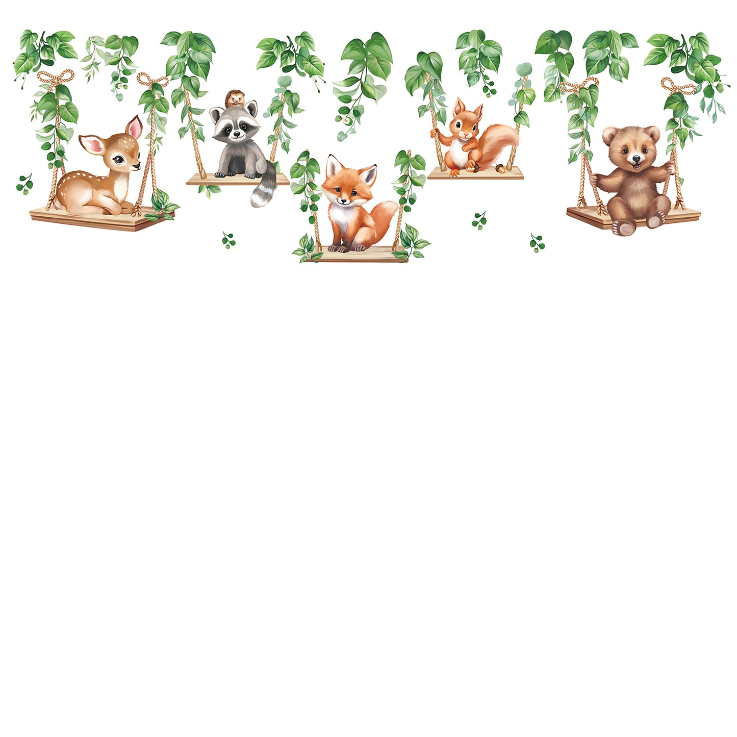 wondever Woodland Animal on Swings Wall Stickers Baby Bear Deer Fox Leaves Peel and Stick Wall Art Decals for Children Nursery Kids Bedroom Living Room