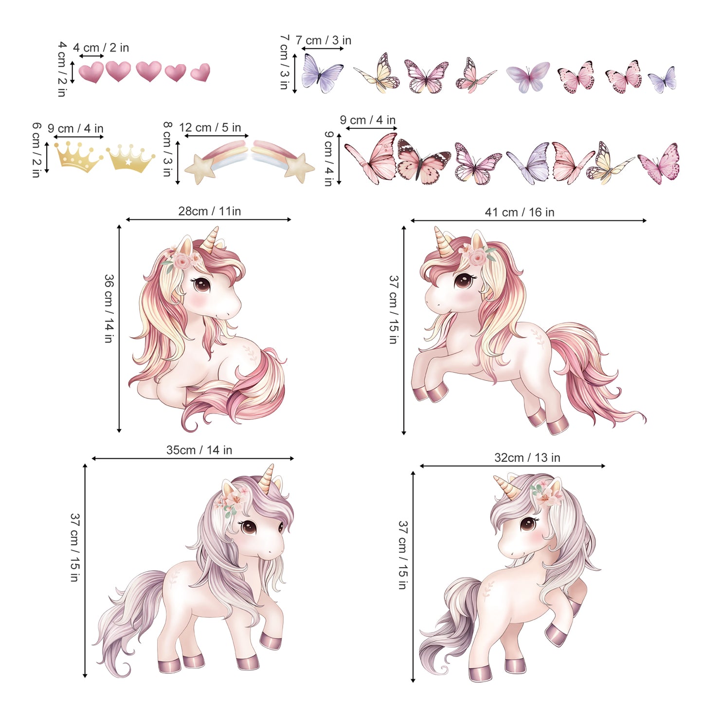 wondever Unicorn Butterfly Wall Stickers Pink Unicorn Rainbow Heart Peel and Stick Wall Art Decals for Girls Bedroom Kids Room Baby Nursery