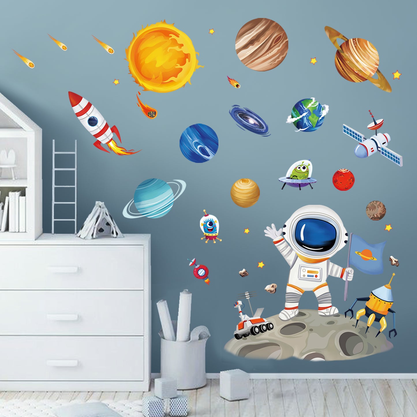 wondever Outer Space Astronaut Wall Stickers Planets Rocket Peel and Stick Wall Art Decals