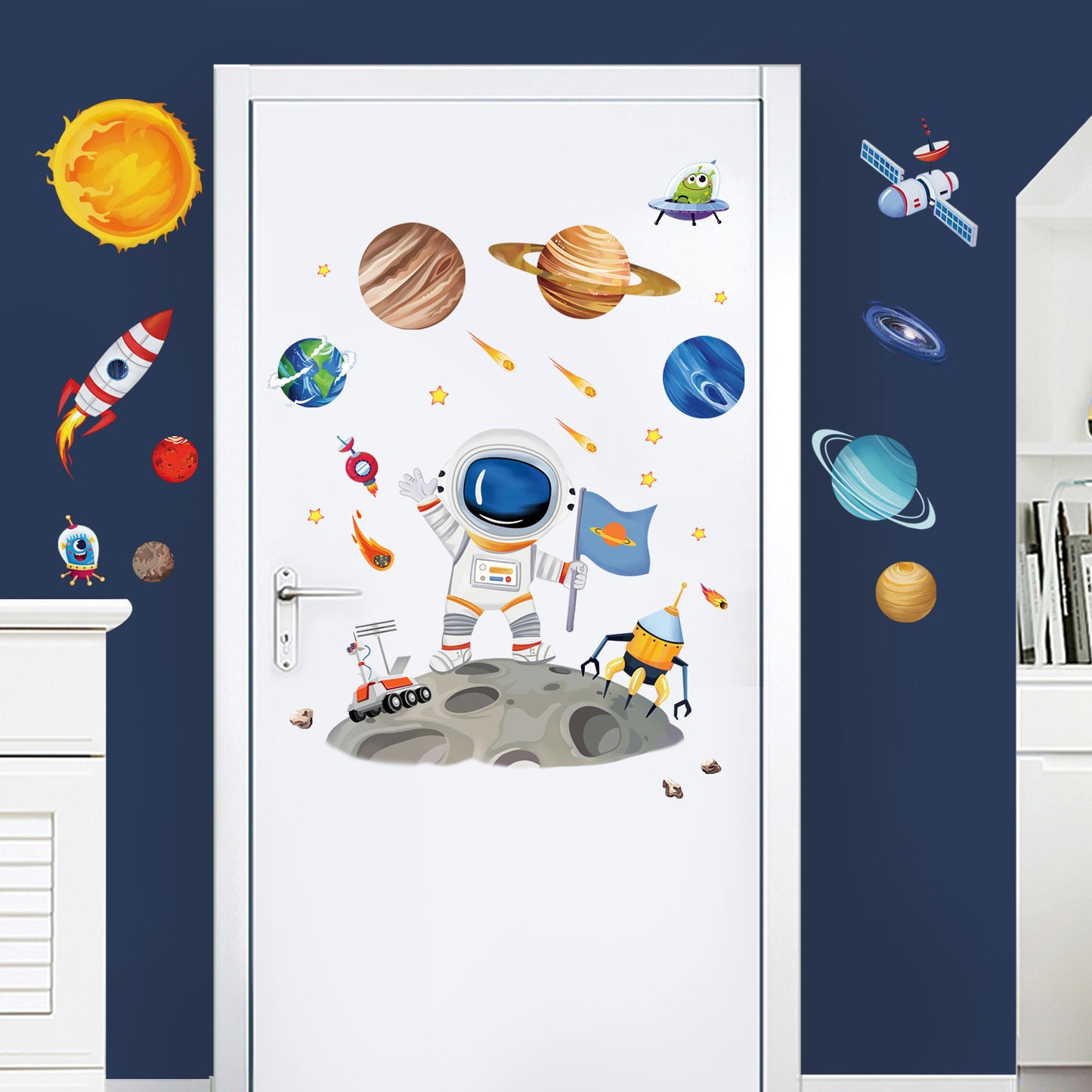wondever Outer Space Astronaut Wall Stickers Planets Rocket Peel and Stick Wall Art Decals