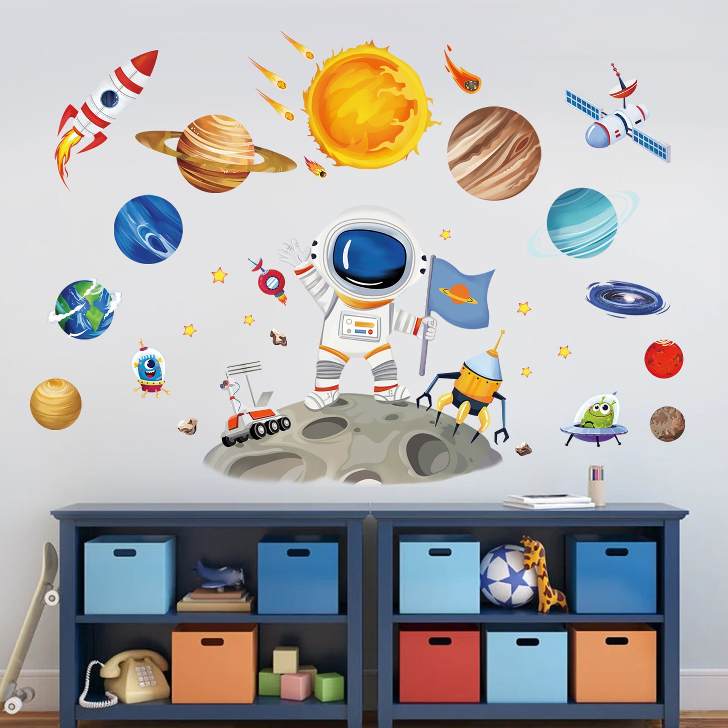 wondever Outer Space Astronaut Wall Stickers Planets Rocket Peel and Stick Wall Art Decals