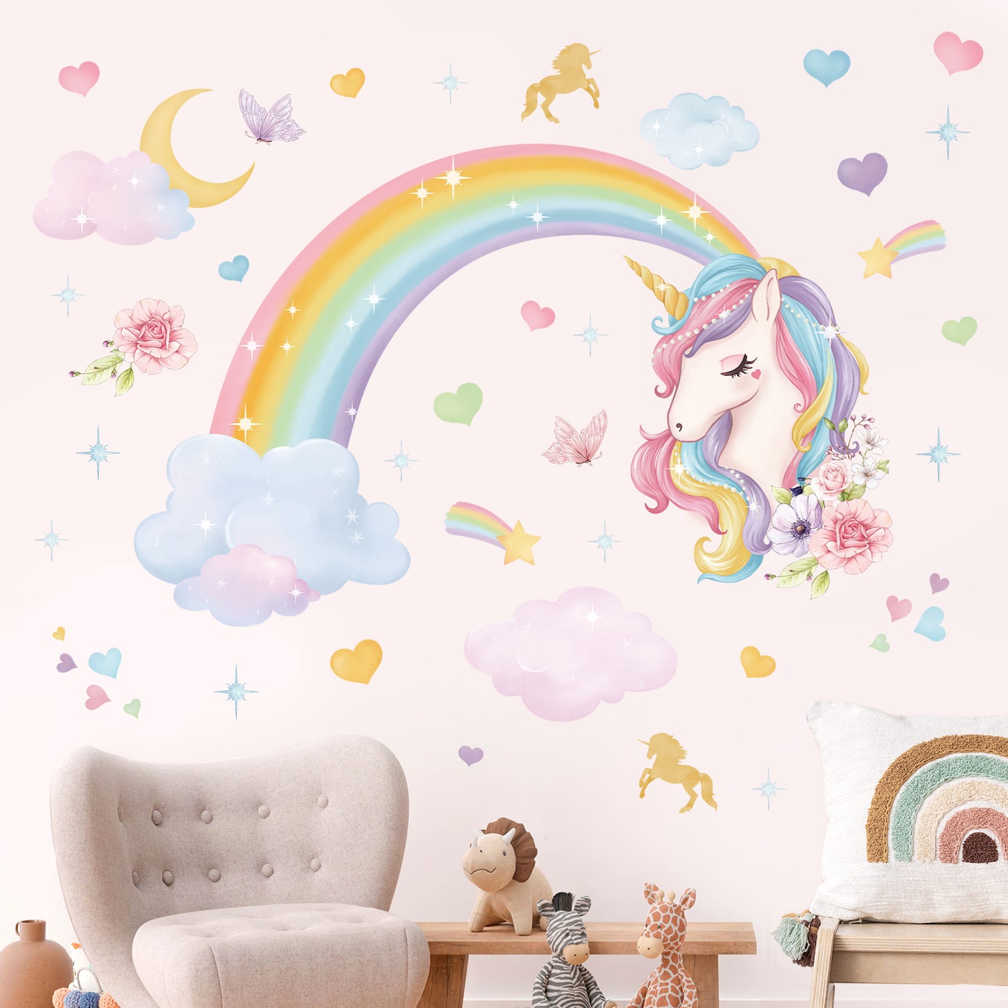 wondever Large Rainbow Girls Wall Decals Unicorn Cloud Peel and Stick Wall Art Stickers