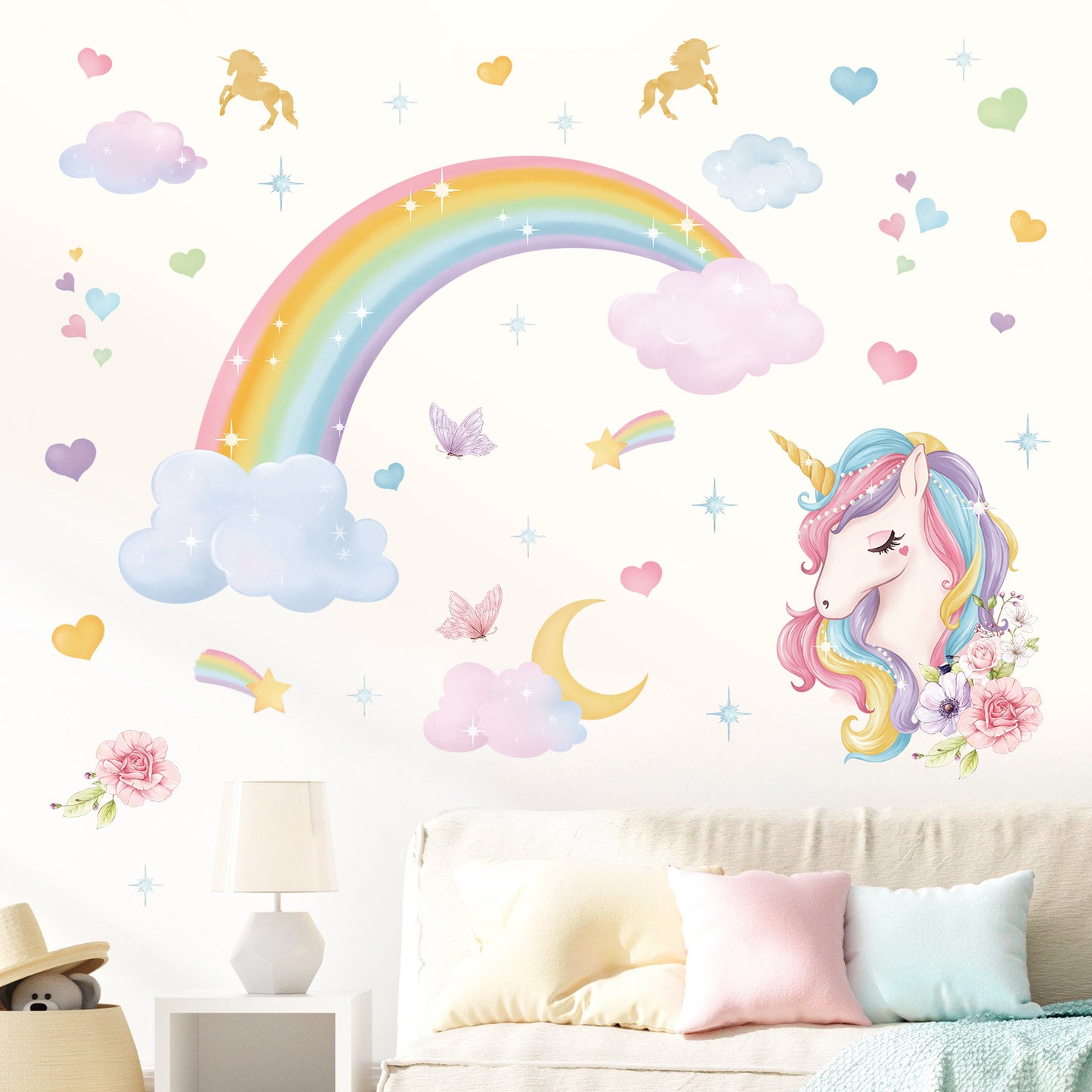 wondever Large Rainbow Girls Wall Decals Unicorn Cloud Peel and Stick Wall Art Stickers