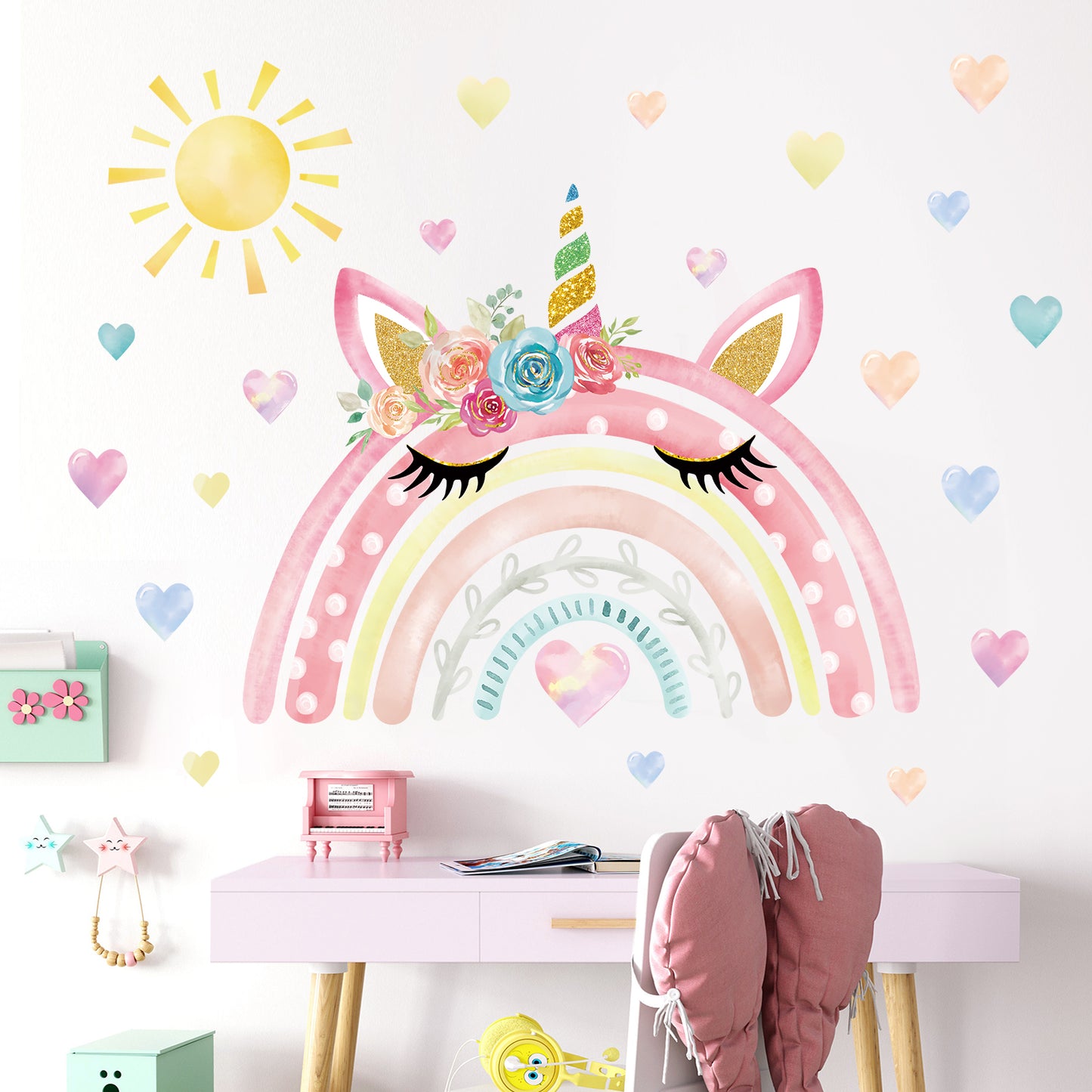 wondever Watercolor Large Rainbow Wall Stickers Unicorn Rainbow Peel and Stick Wall Art Decals