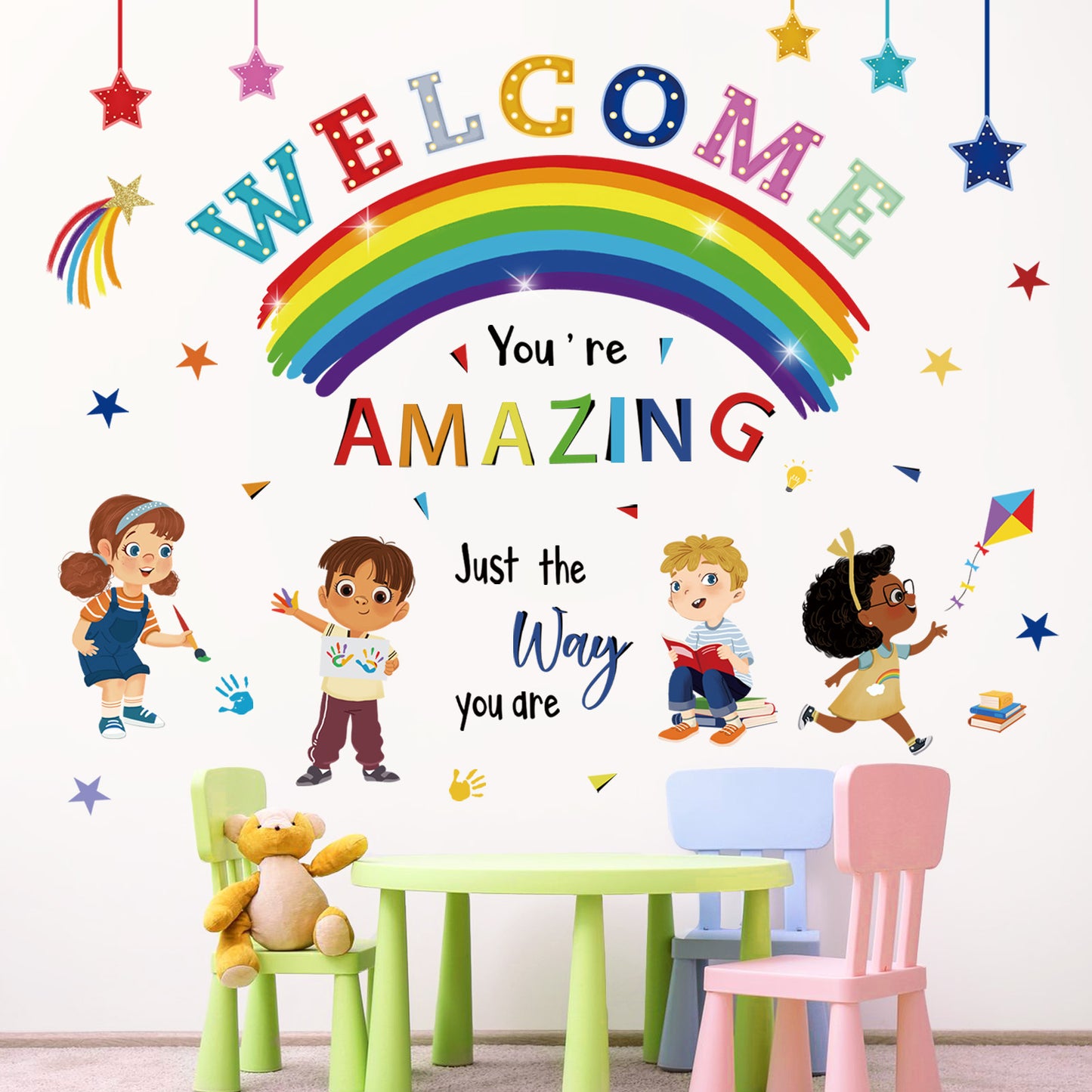 wondever Reading Corner Rainbow Wall Decals Kids Inspirational Quotes Peel and Stick Wall Art Stickers