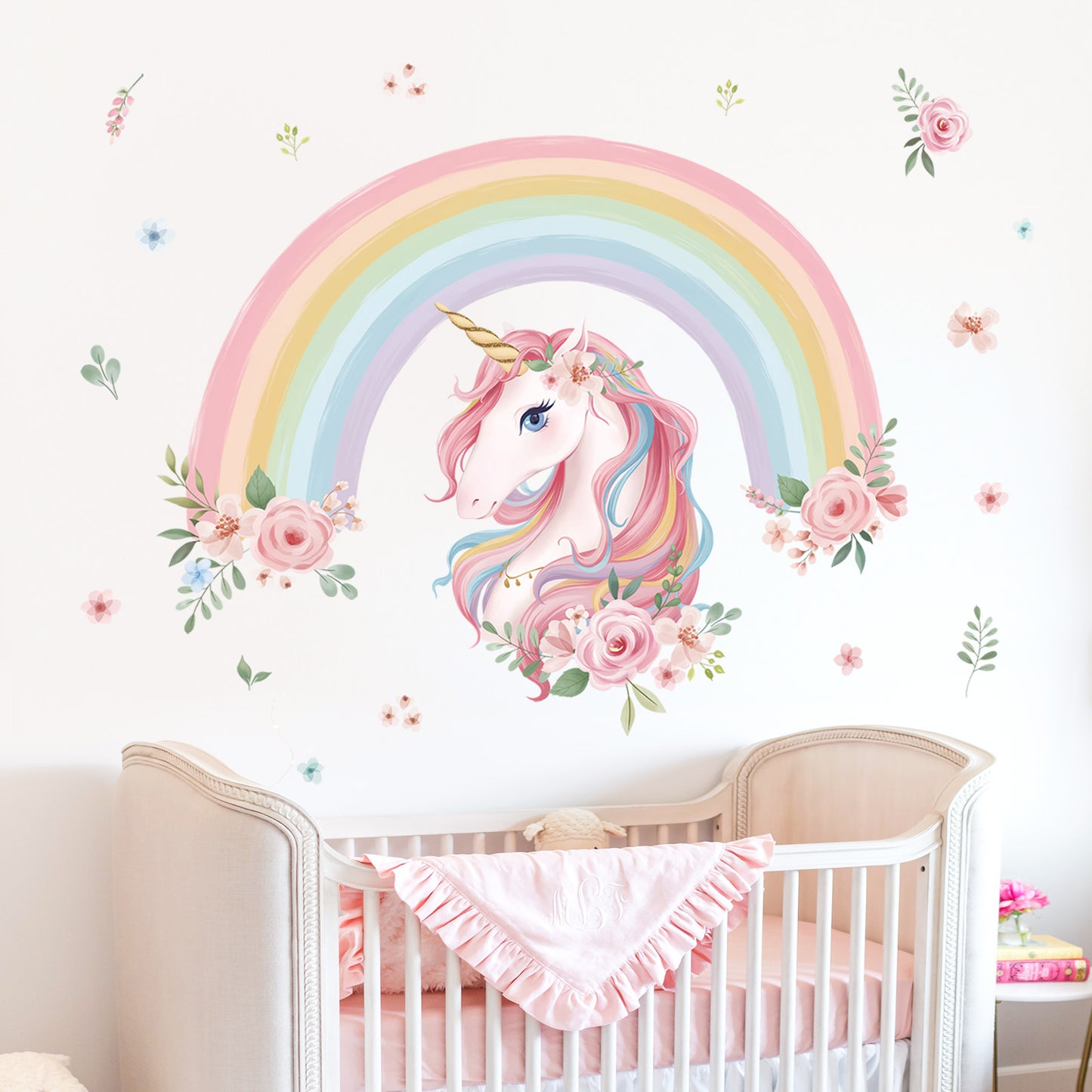 wondever Large Rainbow Wall Decals Unicorn Flower Peel and Stick Wall Art Stickers