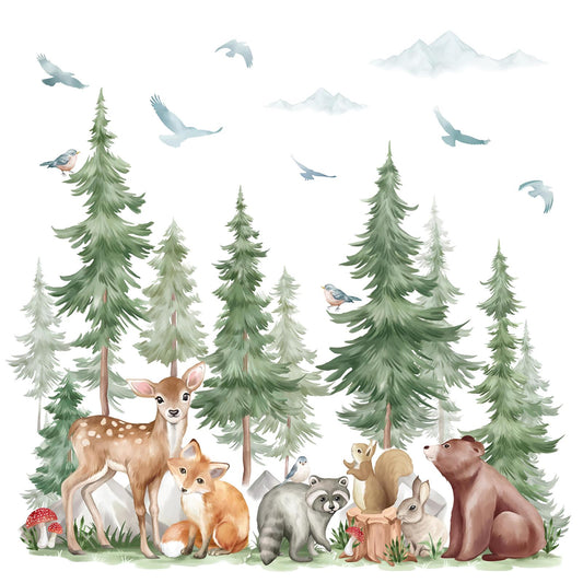wondever Large Pine Tree Animal Wall Stickers Forest Animal Bear Fox Peel and Stick Wall Art Decals for Kids Room Baby Nursery Bedroom