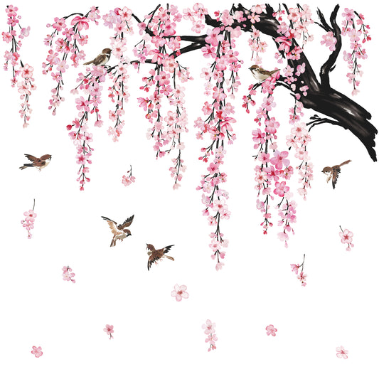 wondever Large Flower Tree Branch Wall Stickers Pink Cherry Blossom Floral Birds Wall Art Decals