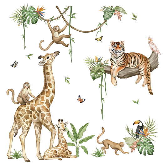 wondever Large Jungle Animal Wall Stickers Safari Giraffe Peel and Stick Wall Art Decals