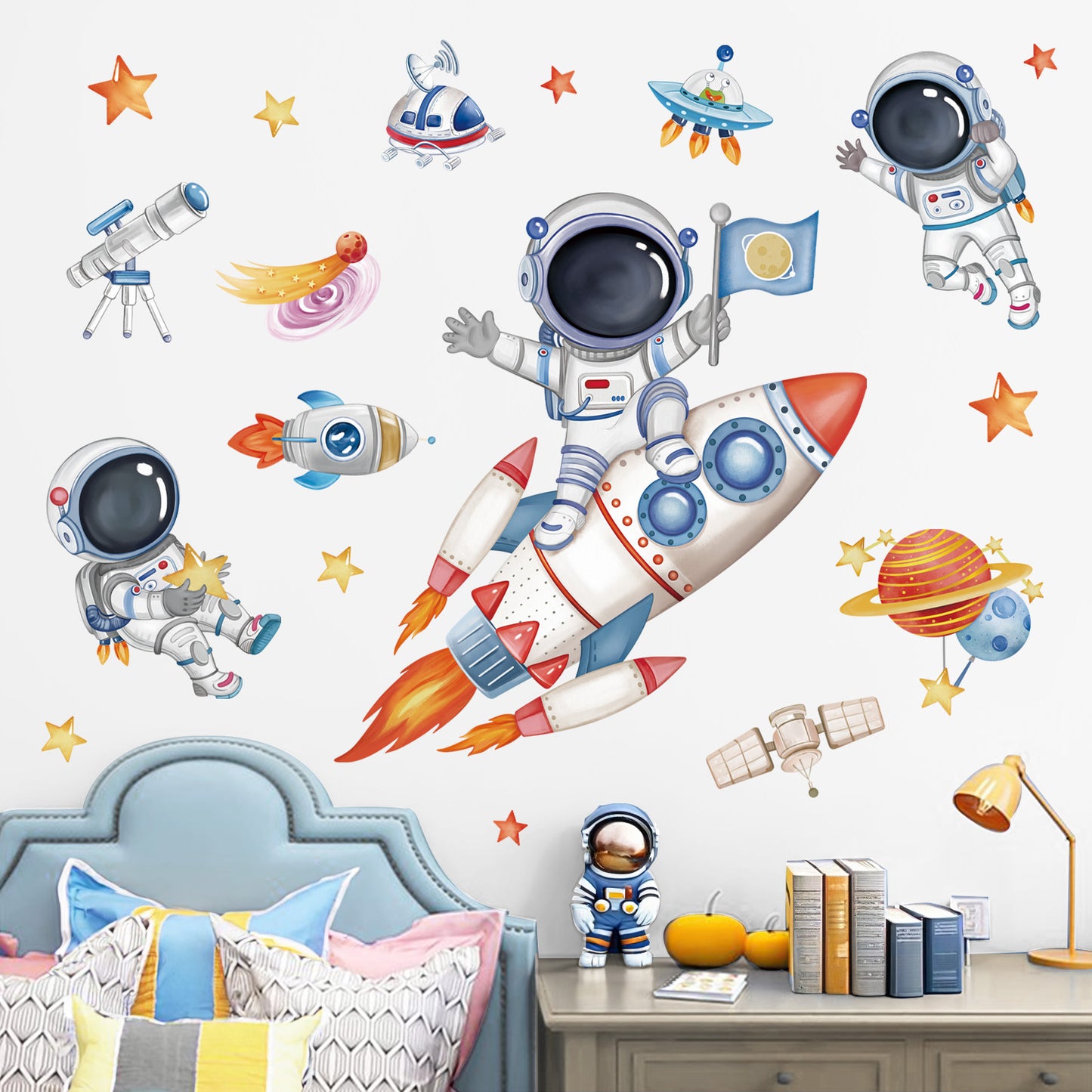 wondever Rocket Astronaut Wall Stickers Universe Space Planet Outer Space Peel and Stick Wall Art Decals