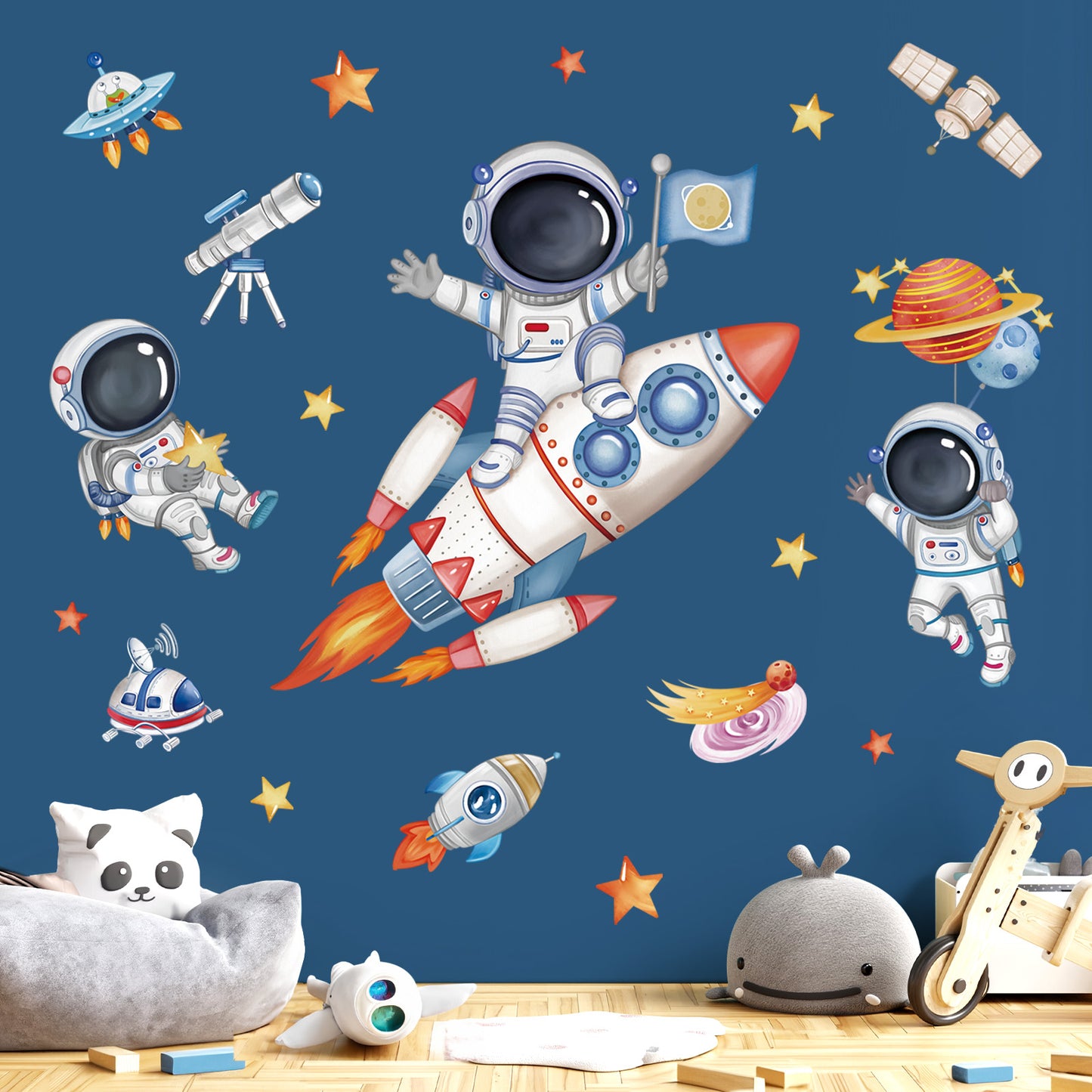 wondever Rocket Astronaut Wall Stickers Universe Space Planet Outer Space Peel and Stick Wall Art Decals