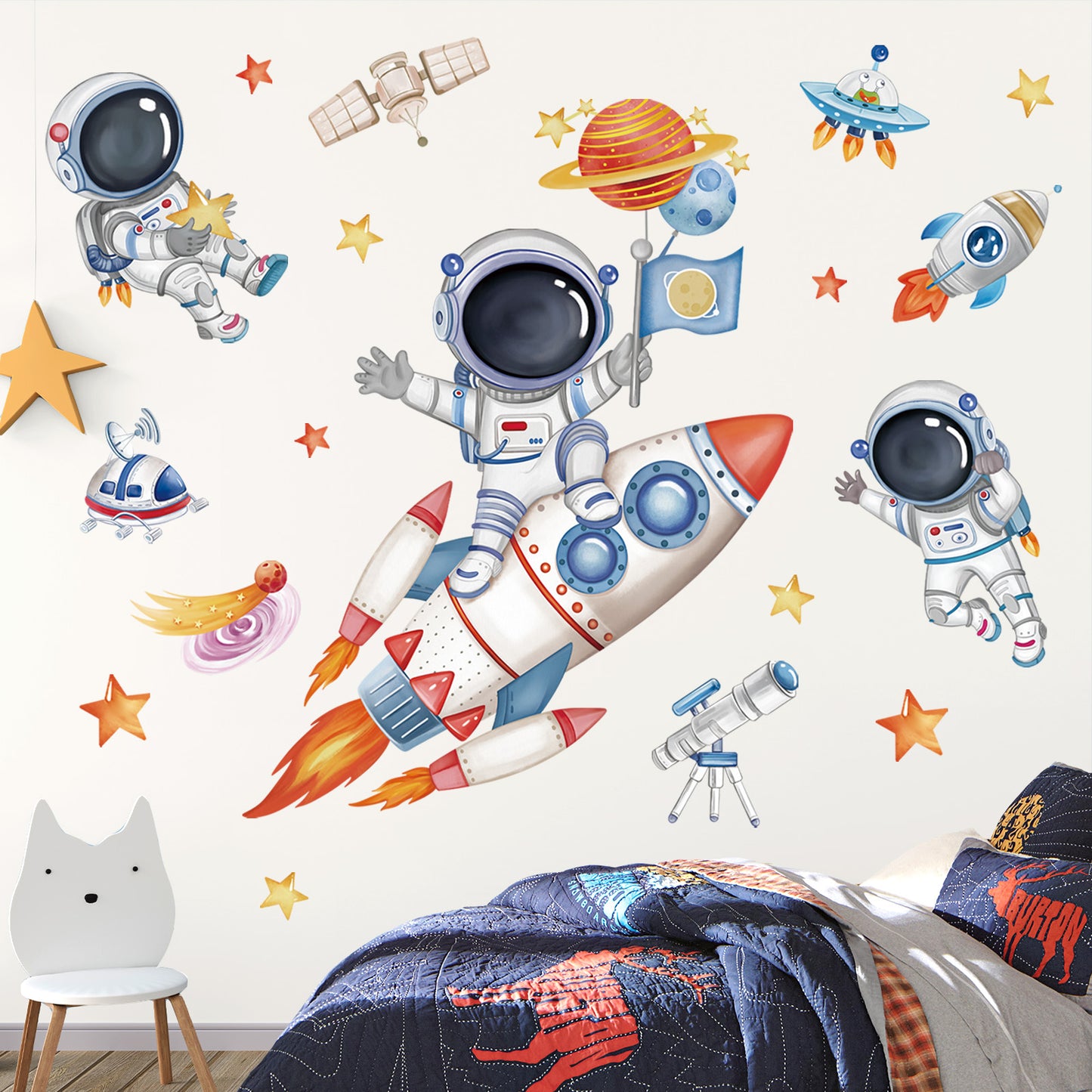 wondever Rocket Astronaut Wall Stickers Universe Space Planet Outer Space Peel and Stick Wall Art Decals