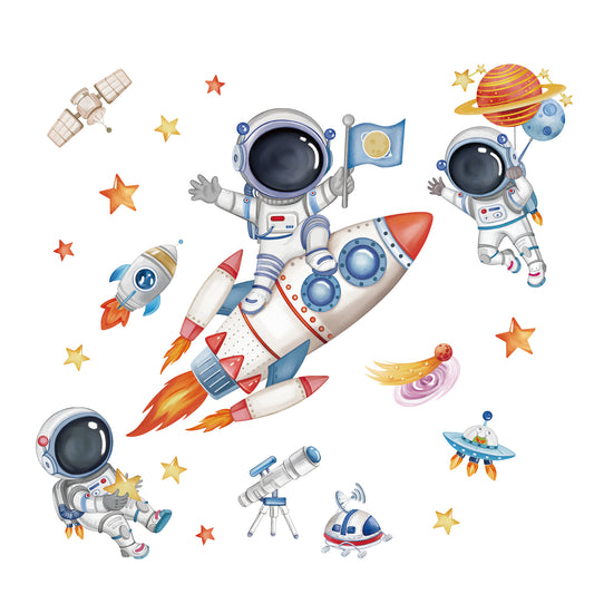 wondever Rocket Astronaut Wall Stickers Universe Space Planet Outer Space Peel and Stick Wall Art Decals