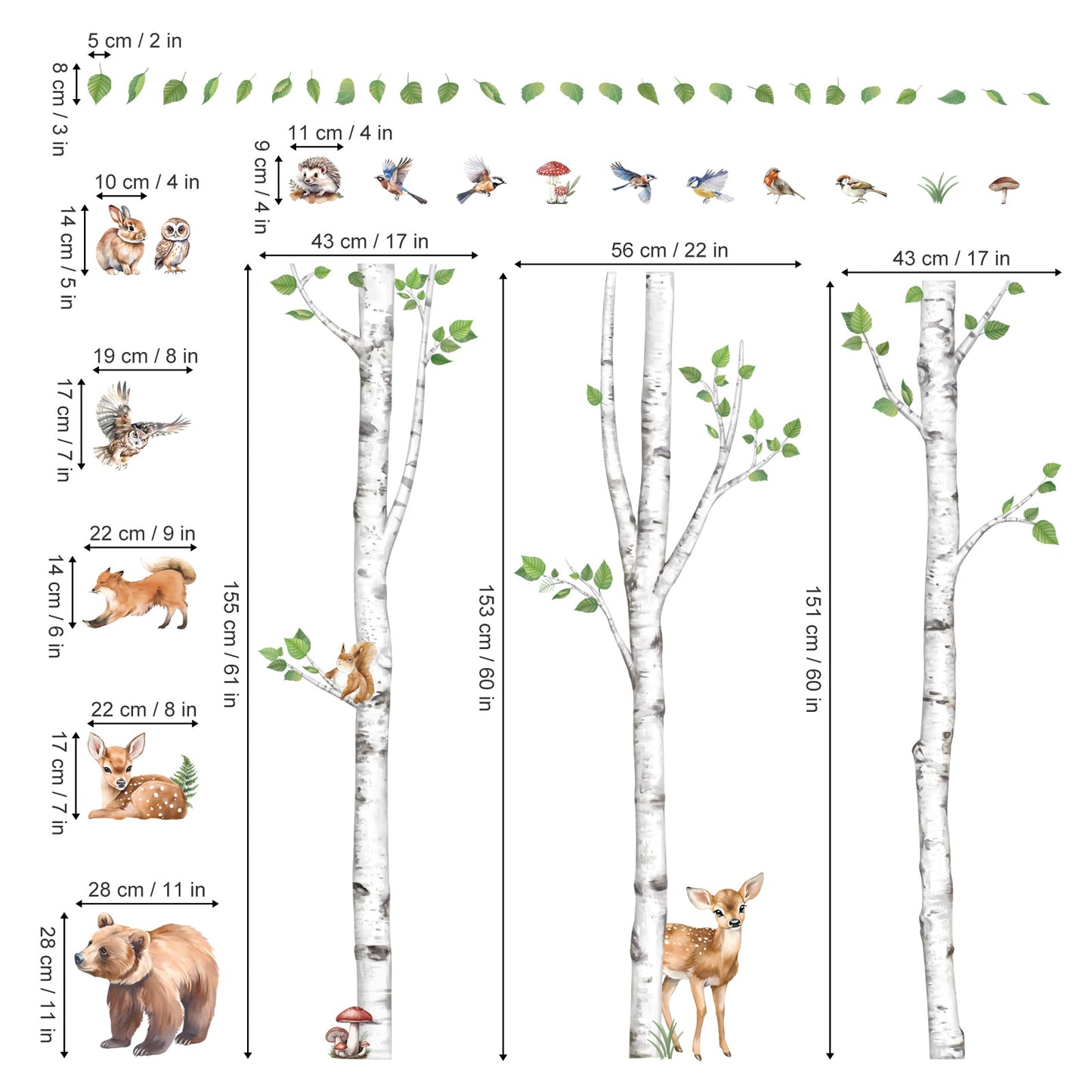 wondever Large Birch Tree Animals Wall Stickers Forest Owl Fox Bear Deer Peel and Stick Wall Art Decals