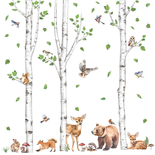 wondever Large Birch Tree Animals Wall Stickers Forest Owl Fox Bear Deer Peel and Stick Wall Art Decals
