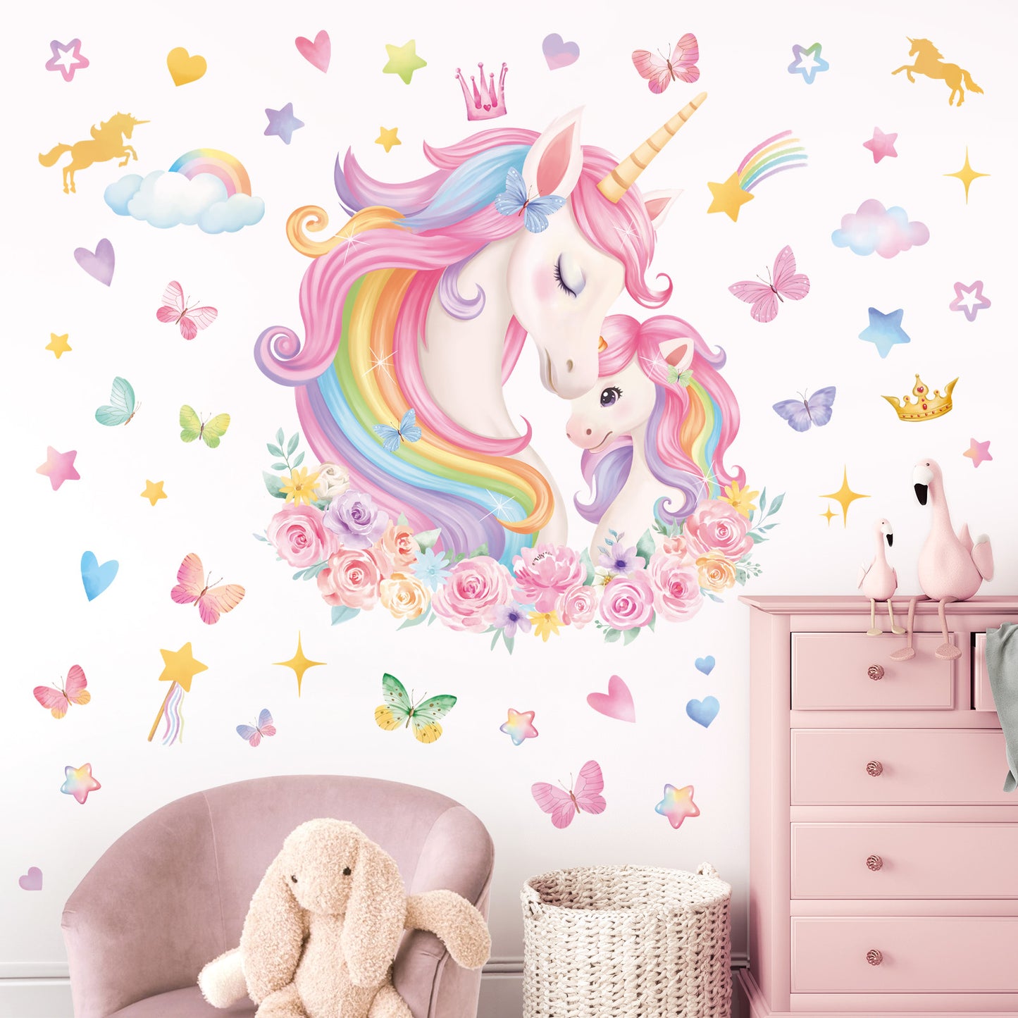 wondever Large Unicorn Wall Stickers Rainbow Baby Unicorn Butterfly Stars Peel and Stick Wall Art Decals