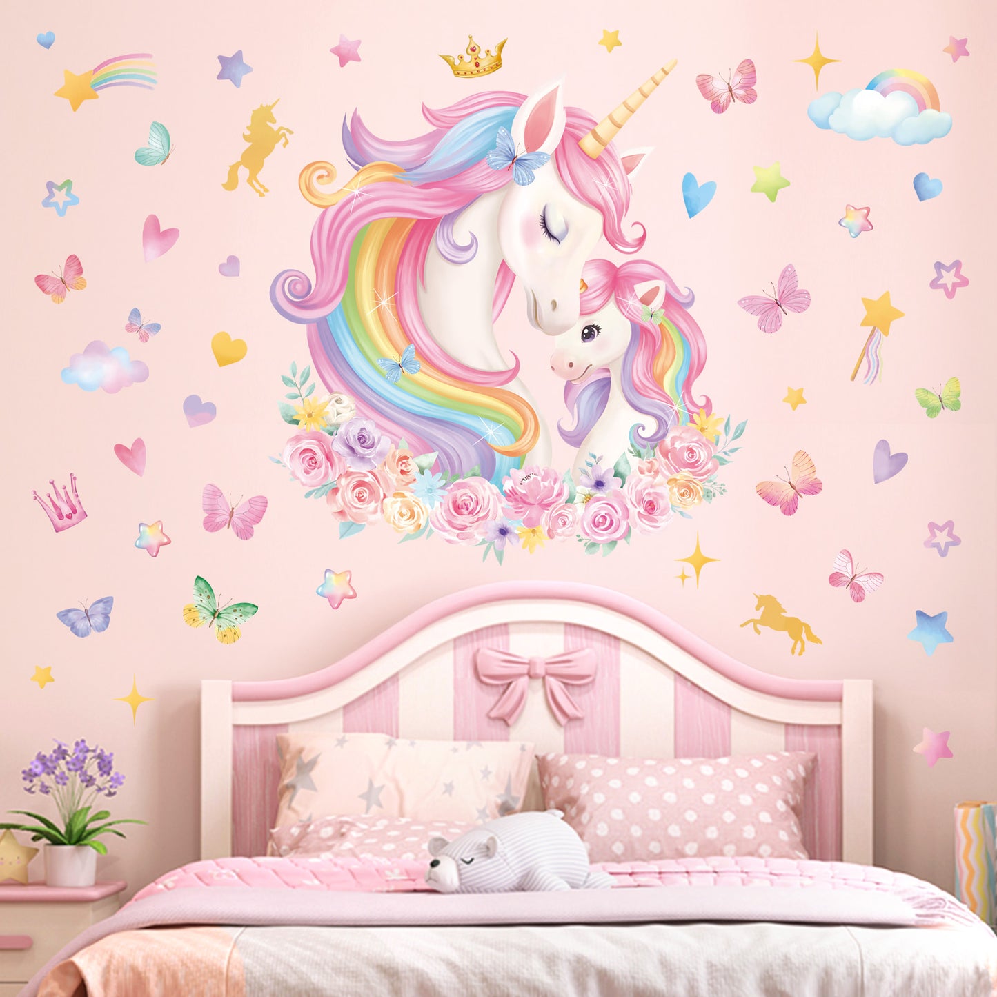 wondever Large Unicorn Wall Stickers Rainbow Baby Unicorn Butterfly Stars Peel and Stick Wall Art Decals