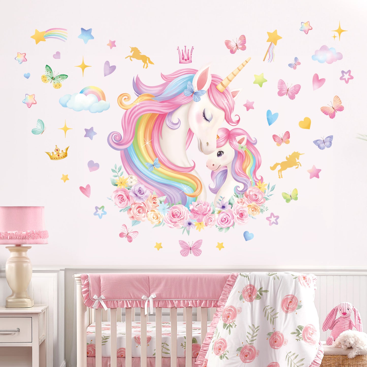wondever Large Unicorn Wall Stickers Rainbow Baby Unicorn Butterfly Stars Peel and Stick Wall Art Decals