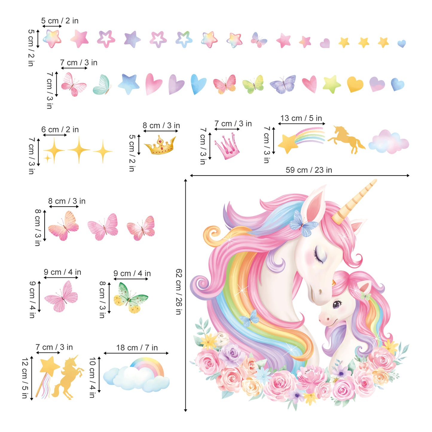 wondever Large Unicorn Wall Stickers Rainbow Baby Unicorn Butterfly Stars Peel and Stick Wall Art Decals