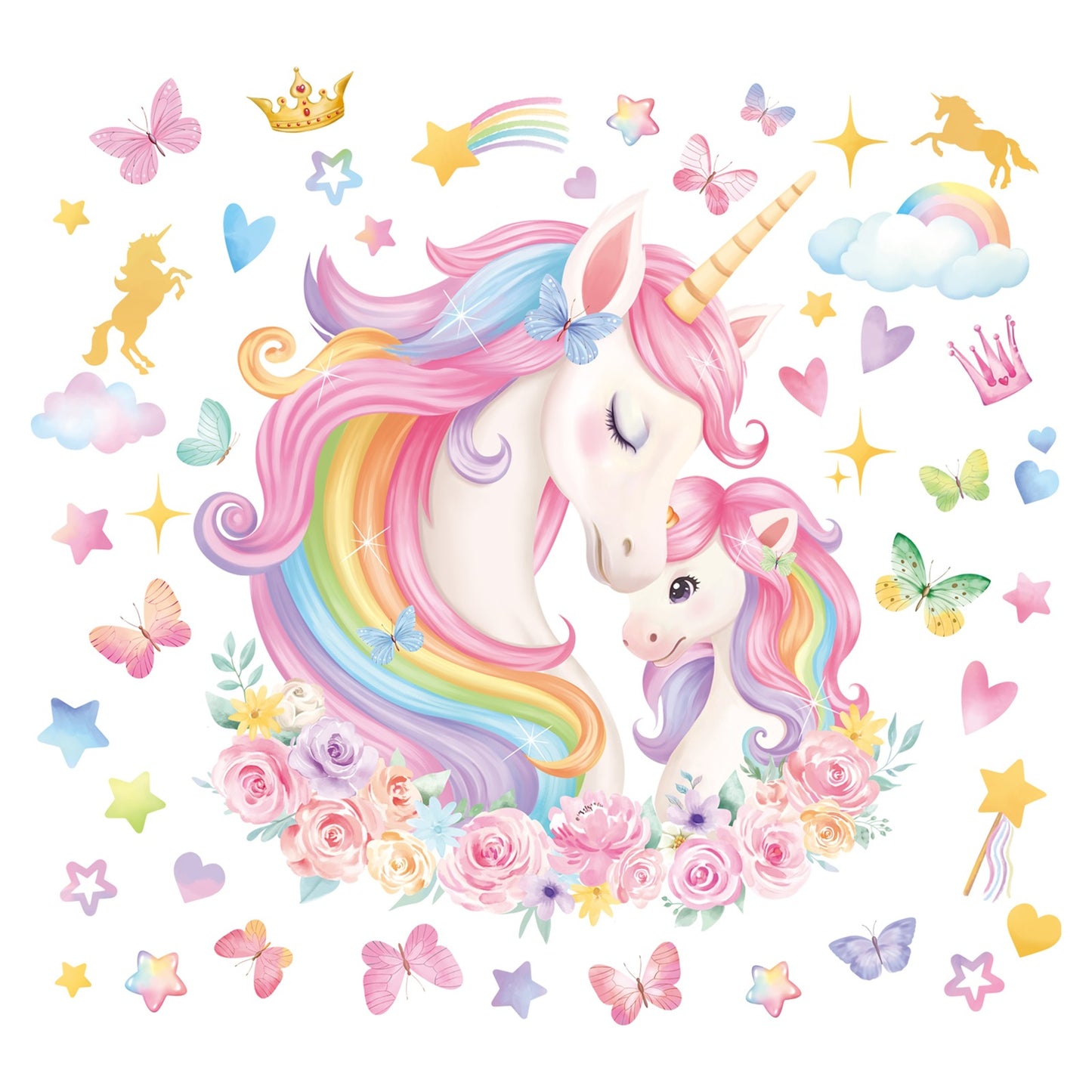 wondever Large Unicorn Wall Stickers Rainbow Baby Unicorn Butterfly Stars Peel and Stick Wall Art Decals