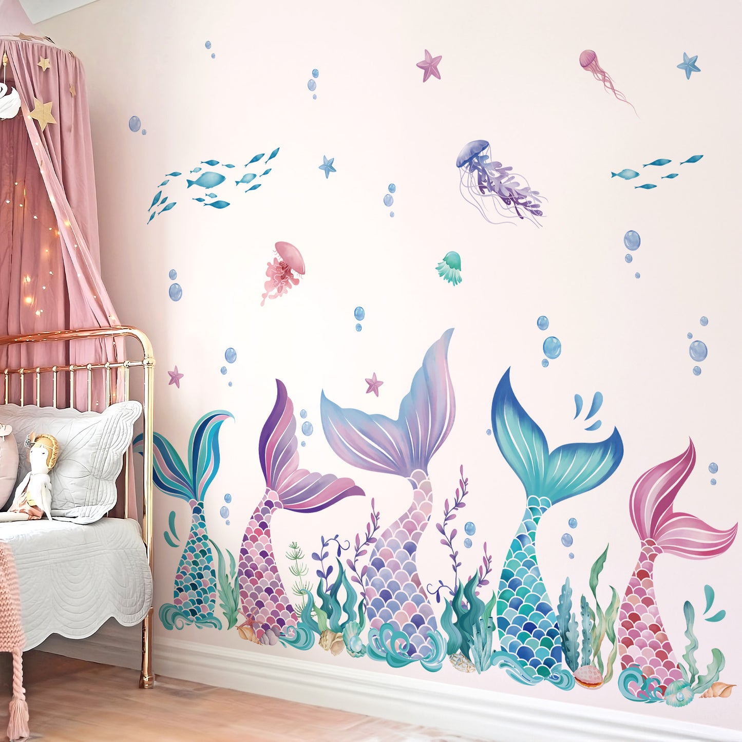 wondever Mermaid Tail Wall Stickers Under The Sea Mermaid Bubble Seaweed Peel and Stick Wall Art Decals